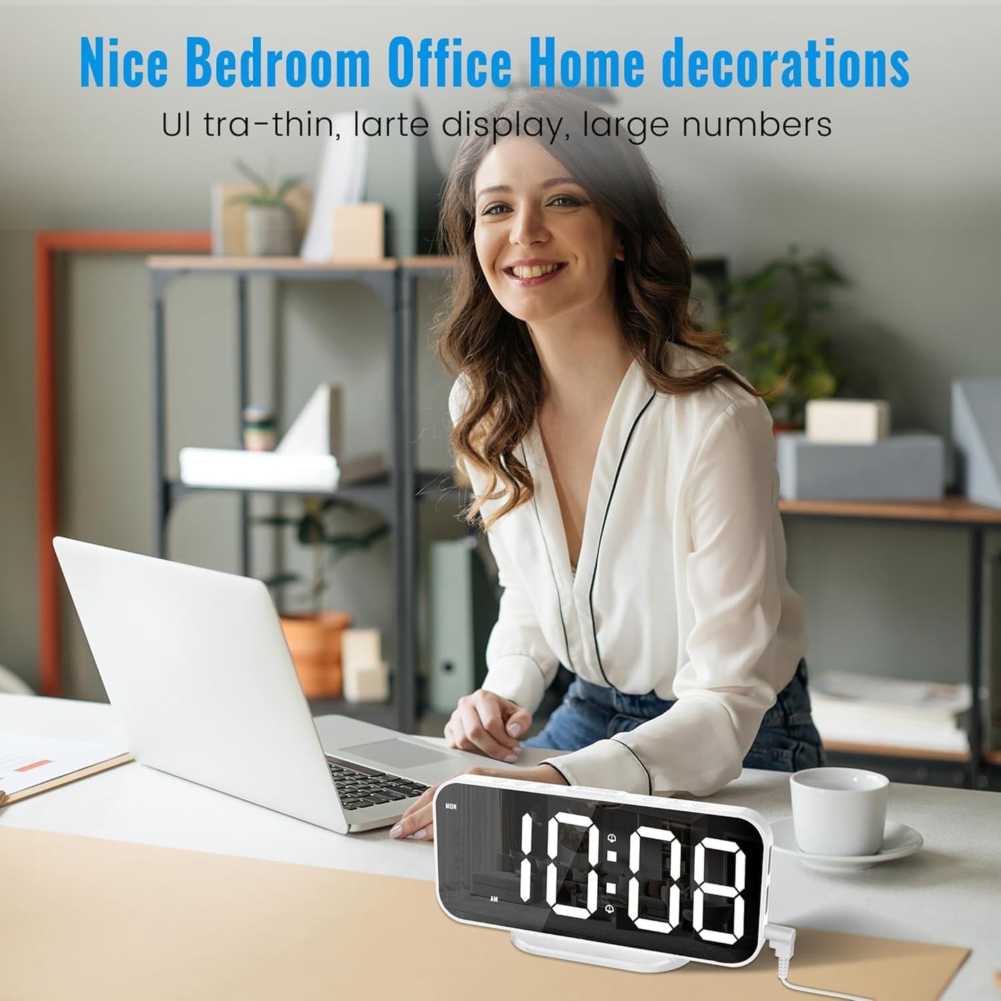 Risop Digital Alarm Clock for Bedroom, Mirror LED Display Bedside Clock with Adjustable Brightness, Dual Alarm & Snooze for Heavy Sleepers, USB Powered Desk Clock for Nightstand, Home & Dorm