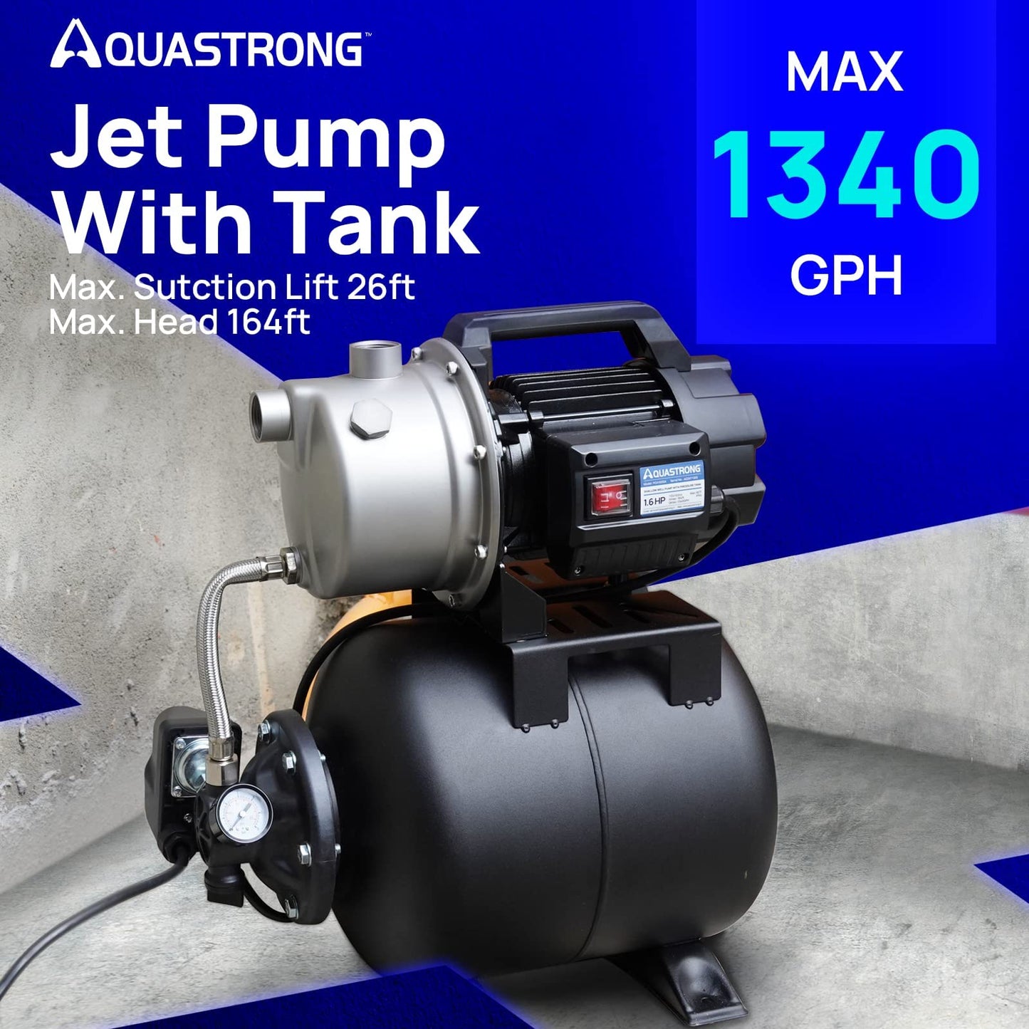Aquastrong 115V Shallow Well Garden Pump, Stainless Steel, 1320 GPH, Automatic Water Booster Jet Pump for Home, Garden, Lawn,Irrigation,1.6 HP with Pressure Tank