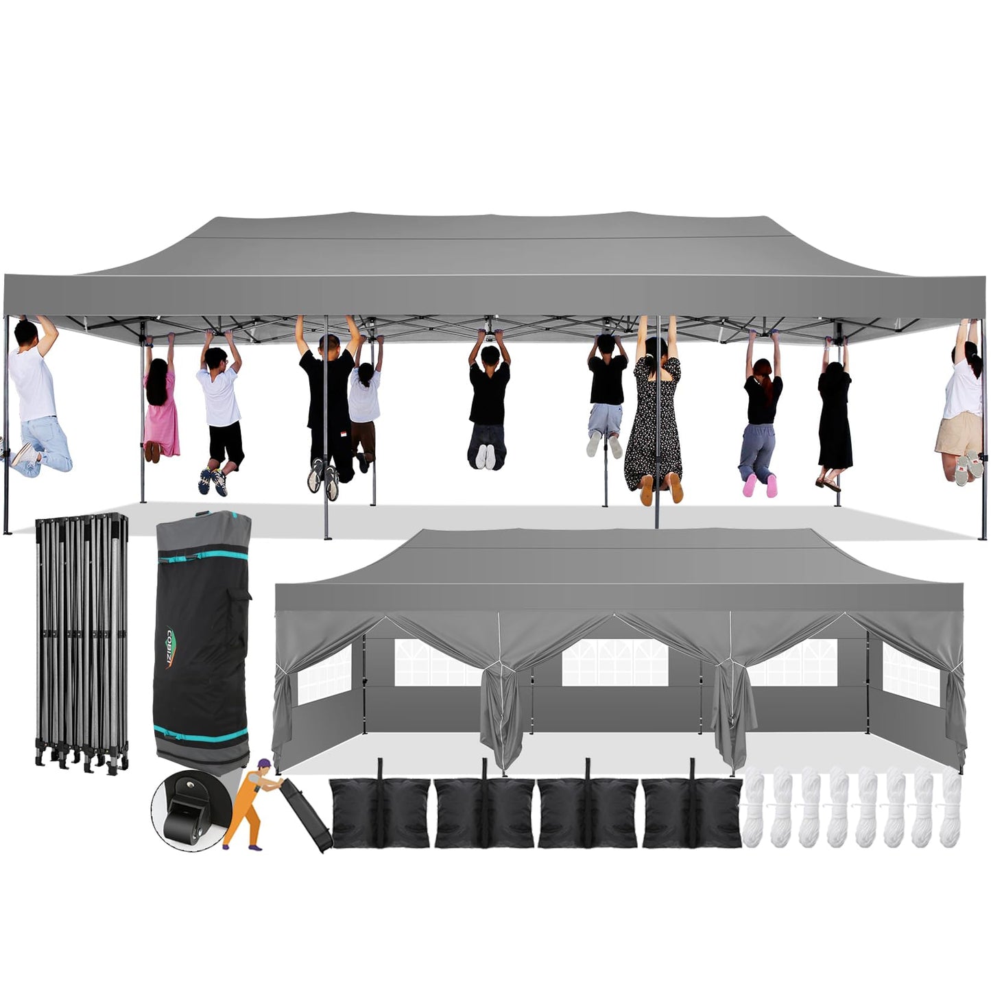 COBIZI 10x30 Pop Up Canopy with 8 Sidewall,Heavy Duty UPF 50+ All Season Wind Waterproof Commercial Outdoor Wedding Party Tents for Parties Canopy Gazebo with Roller Bag(10 x 30 ft Gray)