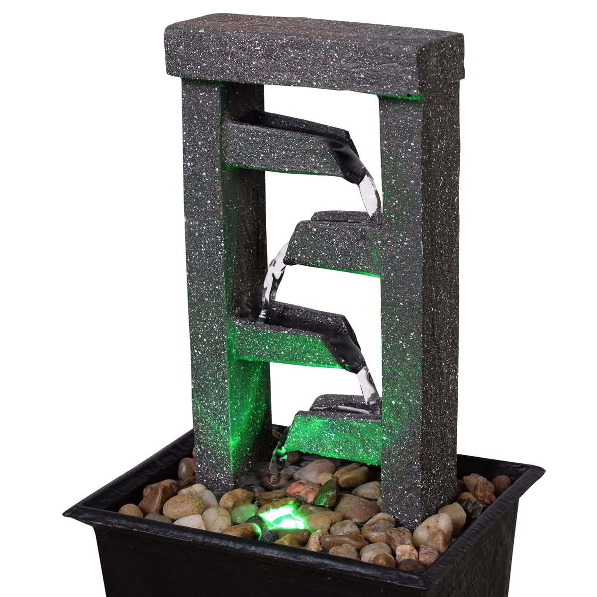 GOSSI 10" 4-Tier Tabletop Waterfall Fountain with Natural River Rocks, LED Lights, Resin Indoor Water Feature for Home Office Decor, Meditation Relaxation Gift