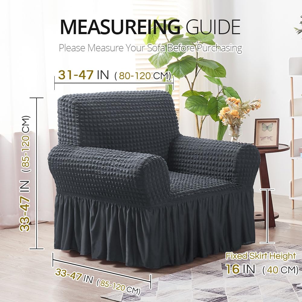 NICEEC Armchair Cover Dark Grey Armchair Slipcover 1 Piece Easy Fitted Sofa Couch Covers Universal High Stretchable Durable Furniture Protector with Skirt Country Style (1 Seater Dark Gray)