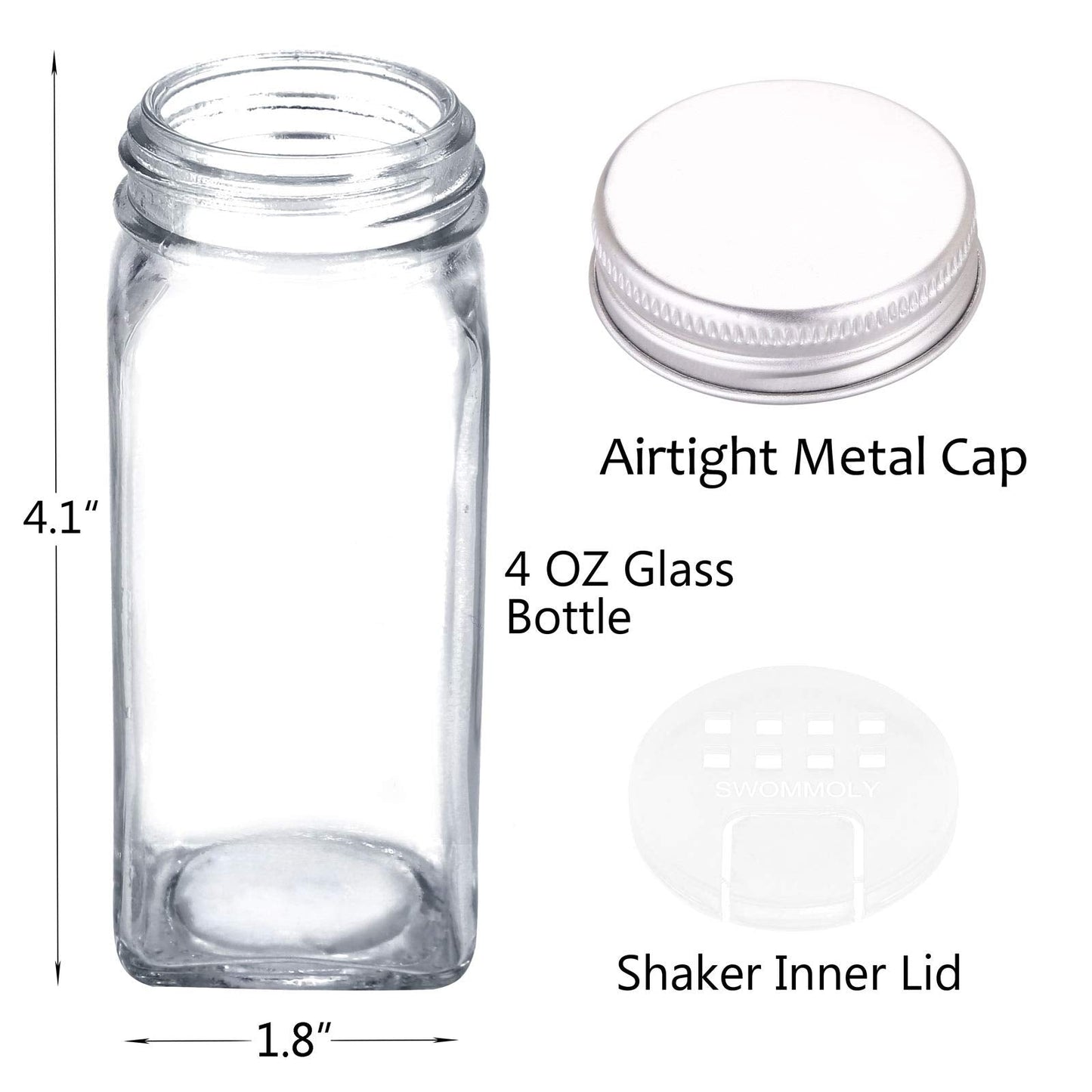 SWOMMOLY 48 Glass Spice Jars with 713 Spice Labels, Chalk Marker and Funnel Complete Set. 48 Square Glass Jars 4OZ, Airtight Cap, Pour/sift Shaker Lid