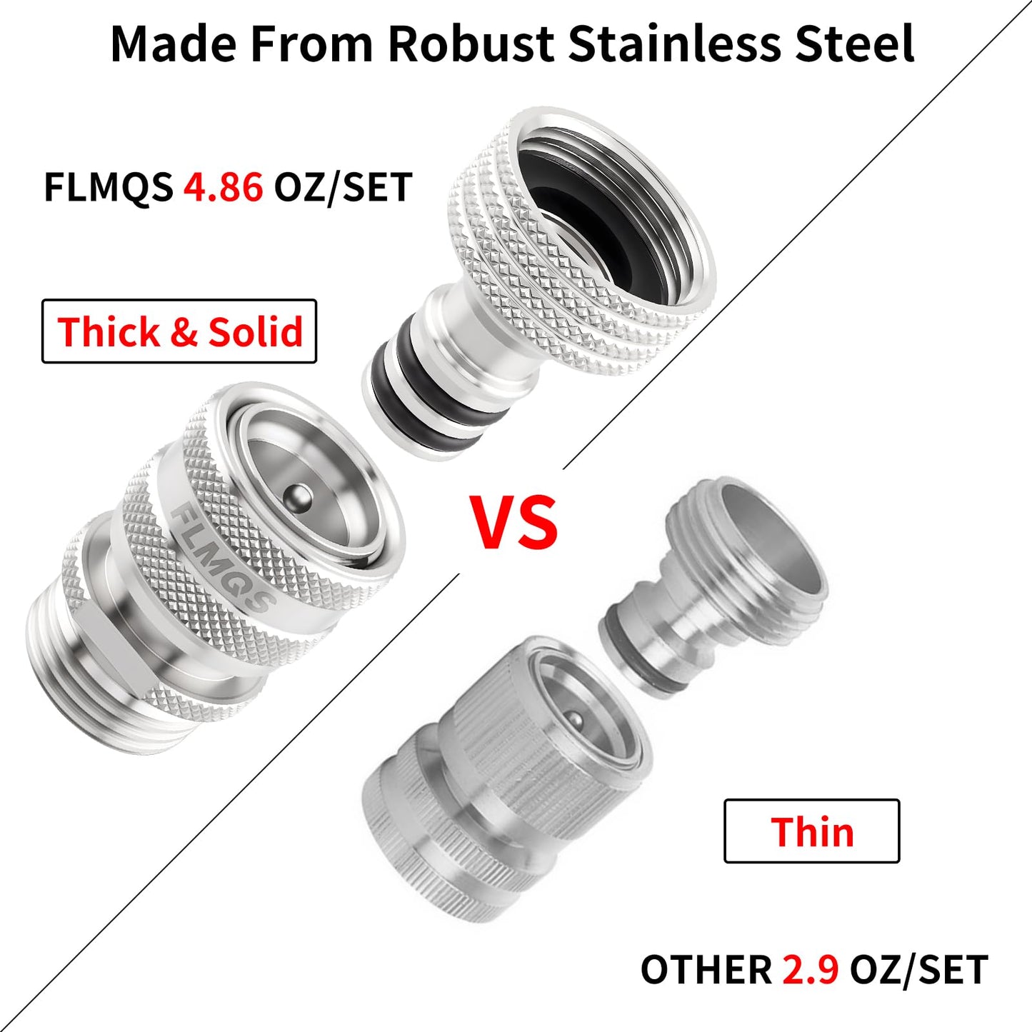 FLMQS Garden Hose Quick Connector - 3/4" GHT Solid Stainless Steel Water Hose Quick Connect, Leak-Proof Male & Female Fittings(3 Set)