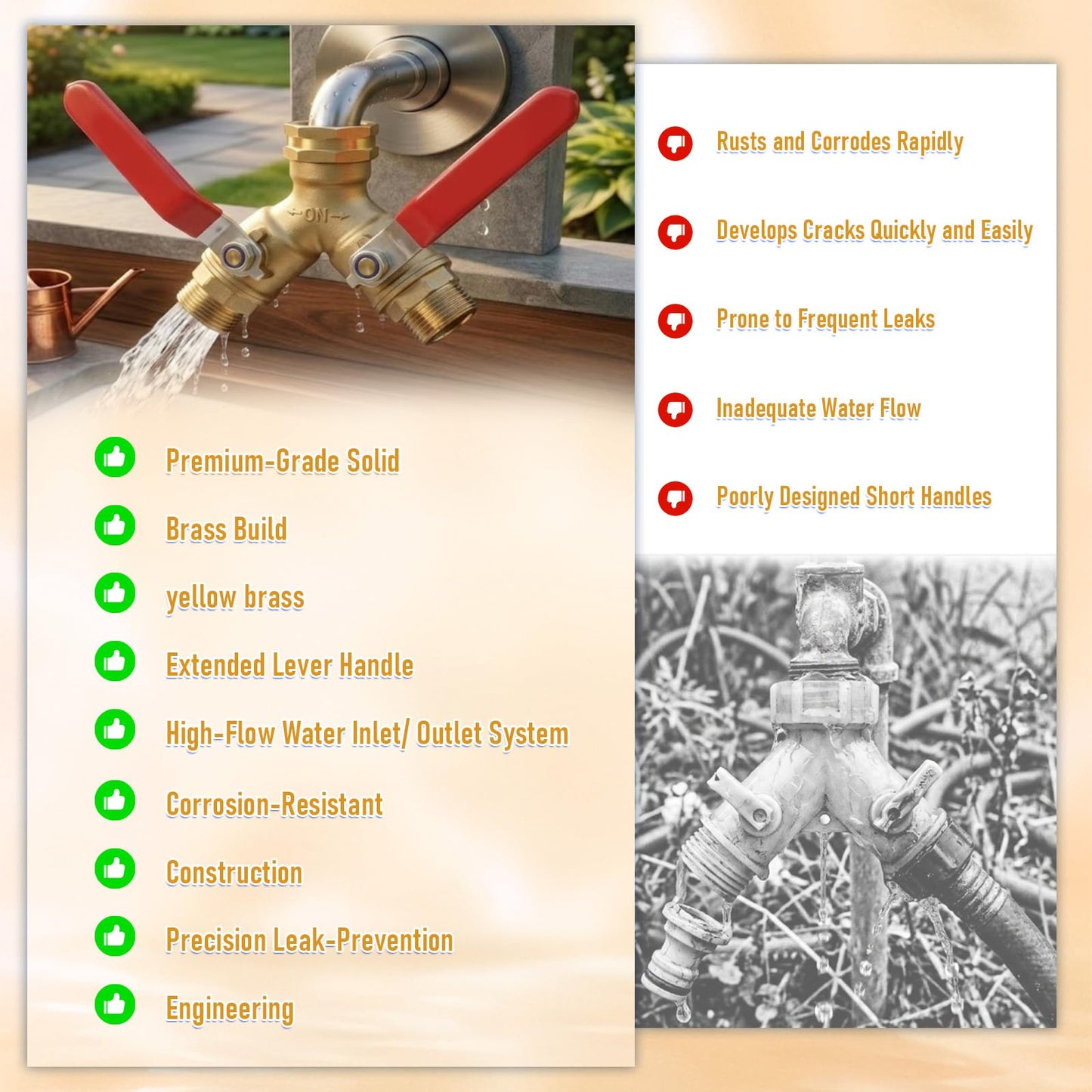 Garden Hose Splitter 2 Way, Heavy Duty Brass Y Valve Water Hose Splitter With Stainless Steel Long Handle Outdoor Full Flow Hose Splitter Connector,Y Valve 3/4 Inch GHT Thread
