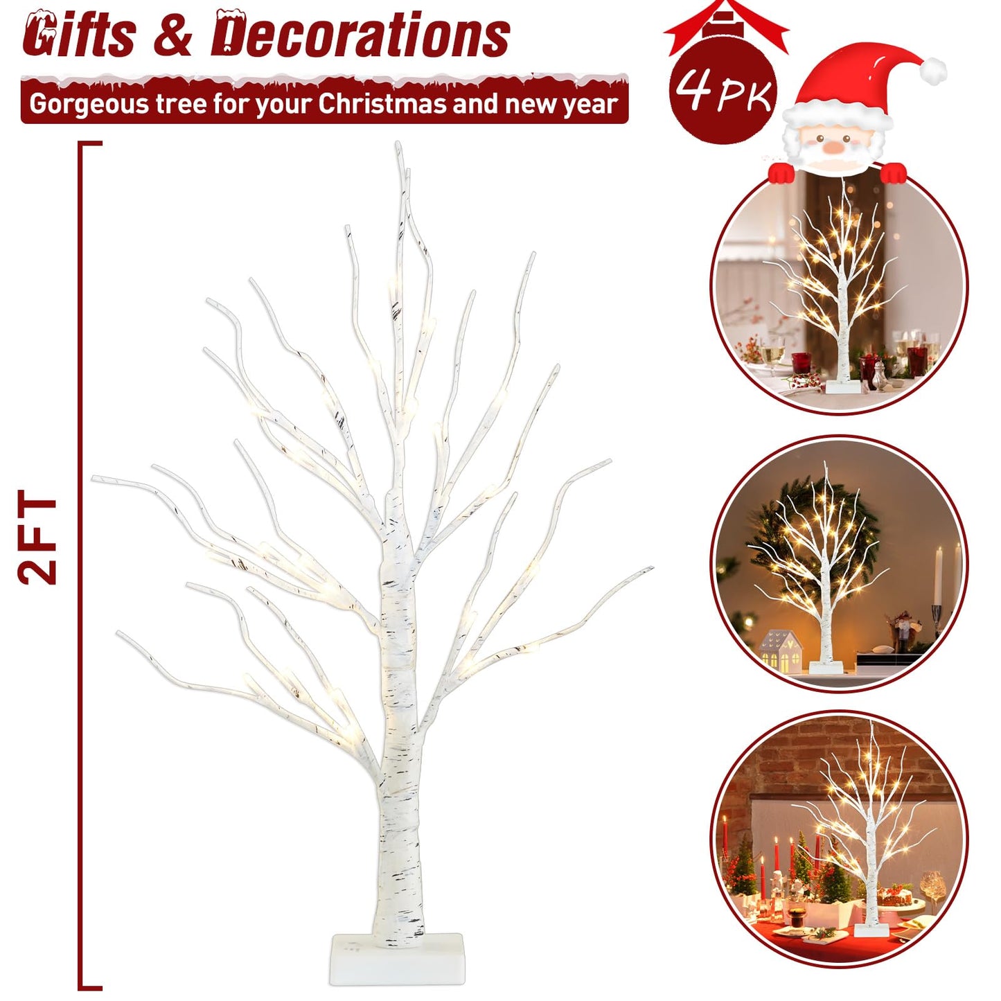 PEIDUO Christmas Decorations for The Home, 2FT BirchTree with LED Lights, Warm White Tree Lamp, Fairy Light Spirit Tree for Room Inside Fireplace Home Decor, Battery Powered, Timer (4PK)