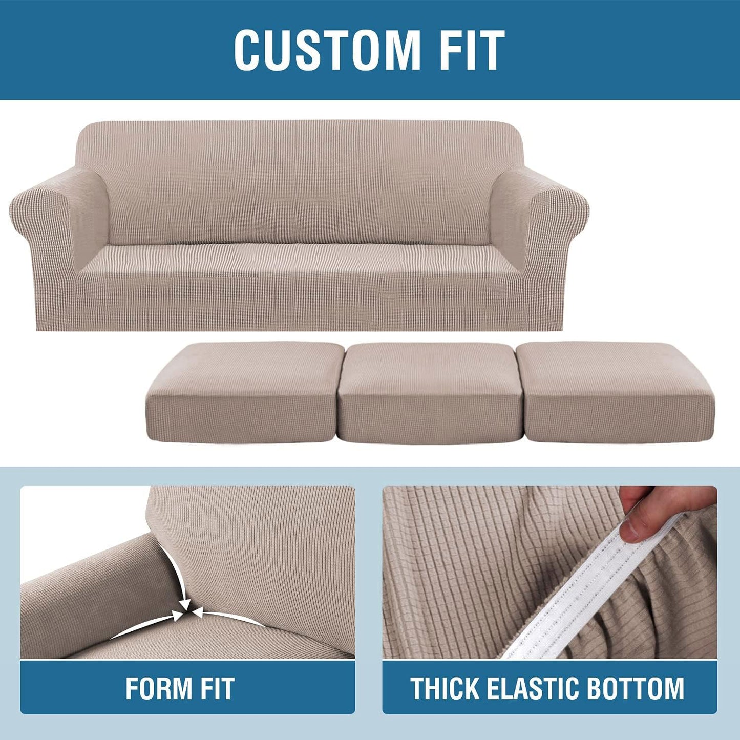 H.VERSAILTEX 4 Piece Stretch Sofa Covers for 3 Cushion Couch Covers for Living Room Slipcovers (Base Cover Plus 3 Seat Cushion Covers) Upgraded Thicker Jacquard Fabric (Sofa, Sand)
