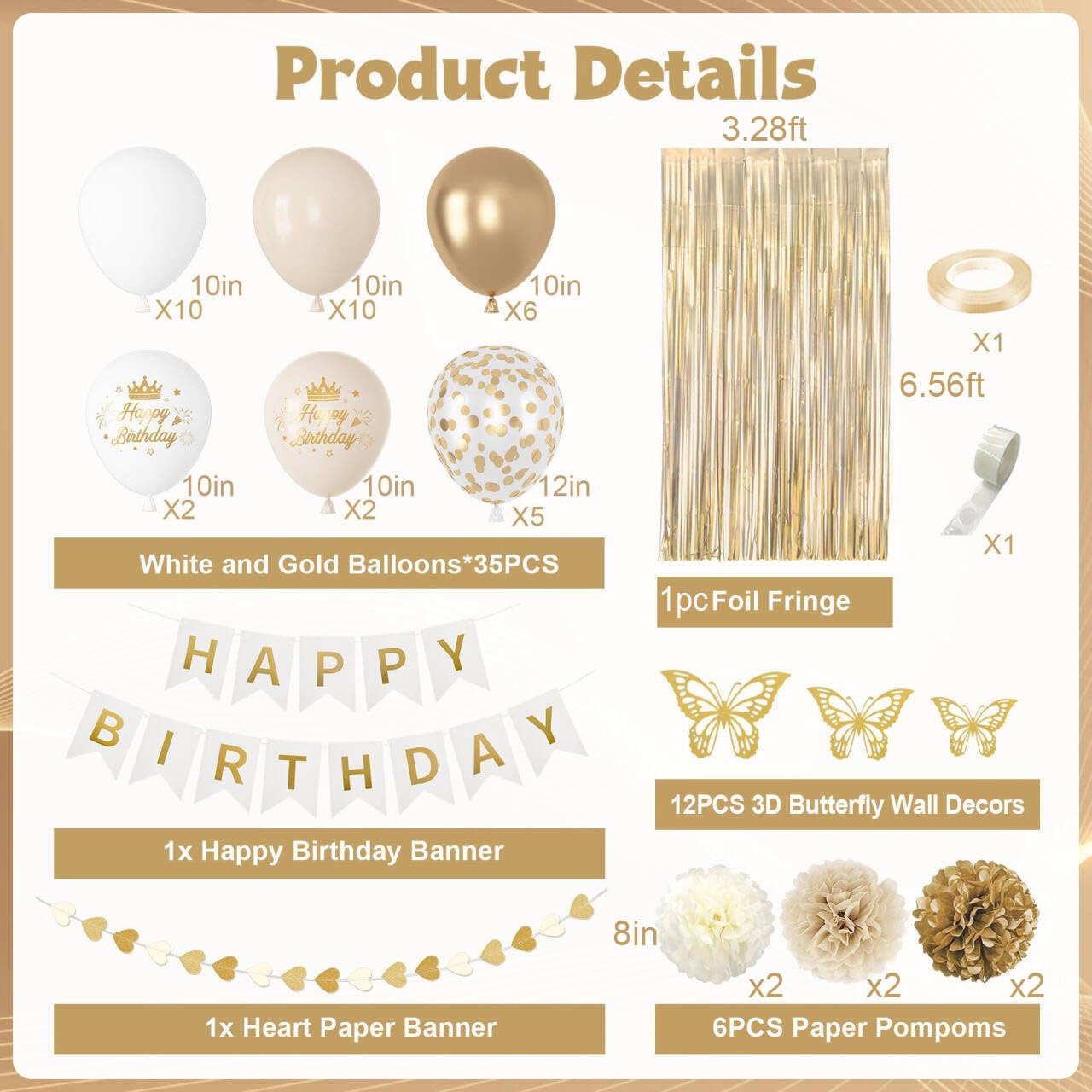 White and Gold Birthday Decorations for Women Girls, Gold White Sand Confetti Metallic Printed Balloon Butterfly Sticker Fringe Curtain Happy Birthday Banner Heart Garland Paper Pompom Party Supplies