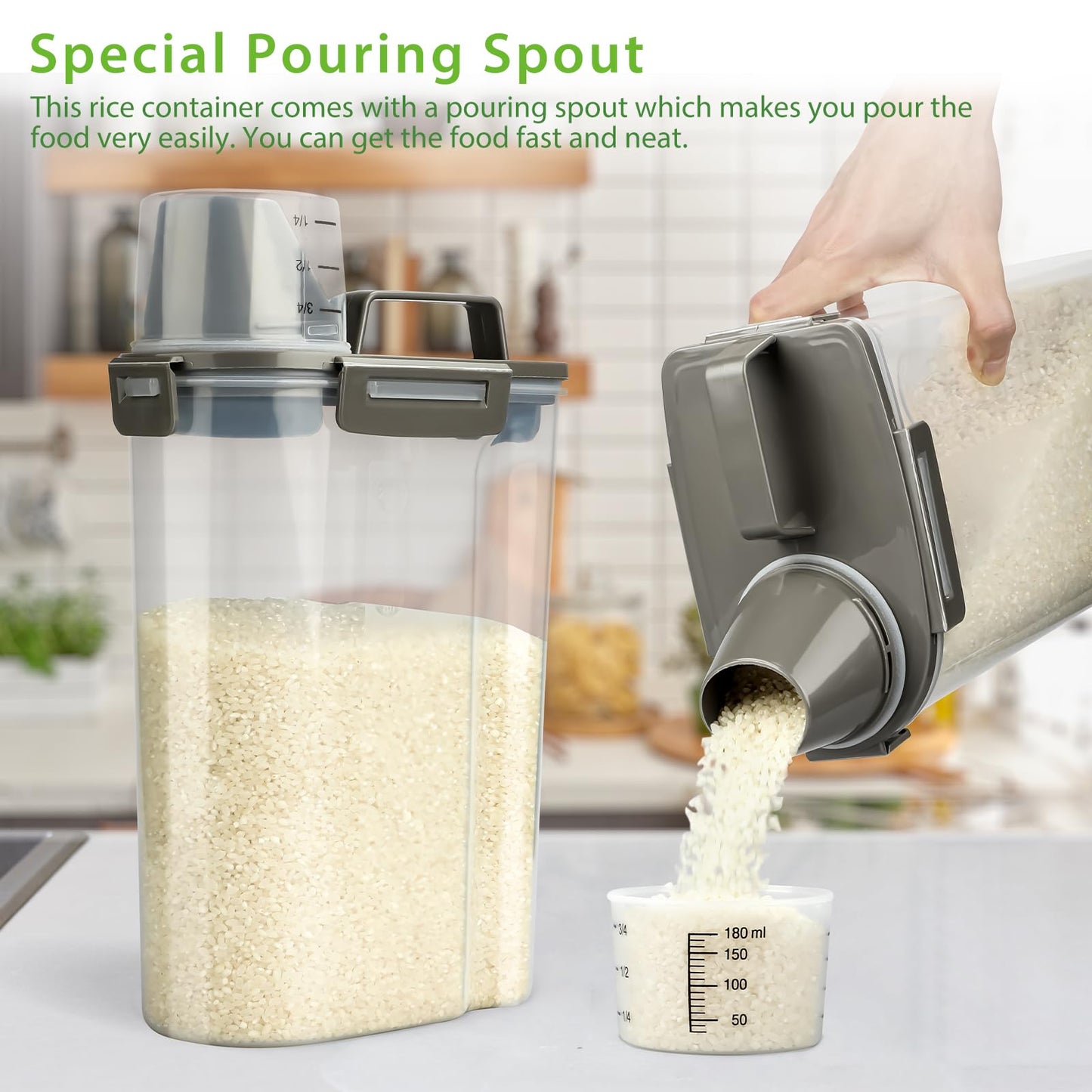 Viretec Rice Airtight Storage Container, 3 to 5Lbs Cereal Dry Food Flour Bin, Pet Dog Cat Food Dispenser with Measuring Cup, BPA Free Clear Plastic Kitchen and Pantry Organization Bin for Sugar