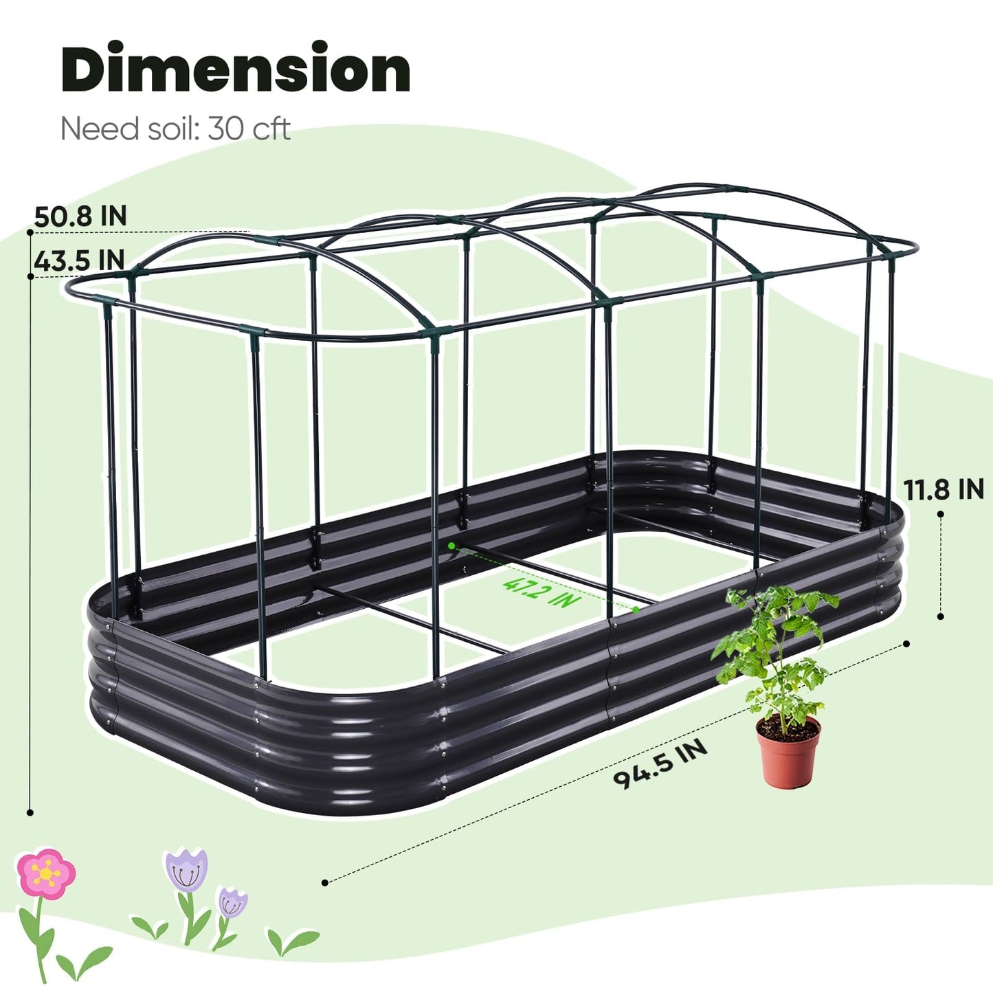 KING BIRD Raised Garden Bed with Cover Galvanized Oval Planter Garden Box 94.5x47.2x11.8 in, Clear, Outdoor for Gardening, Vegetables, Flowers