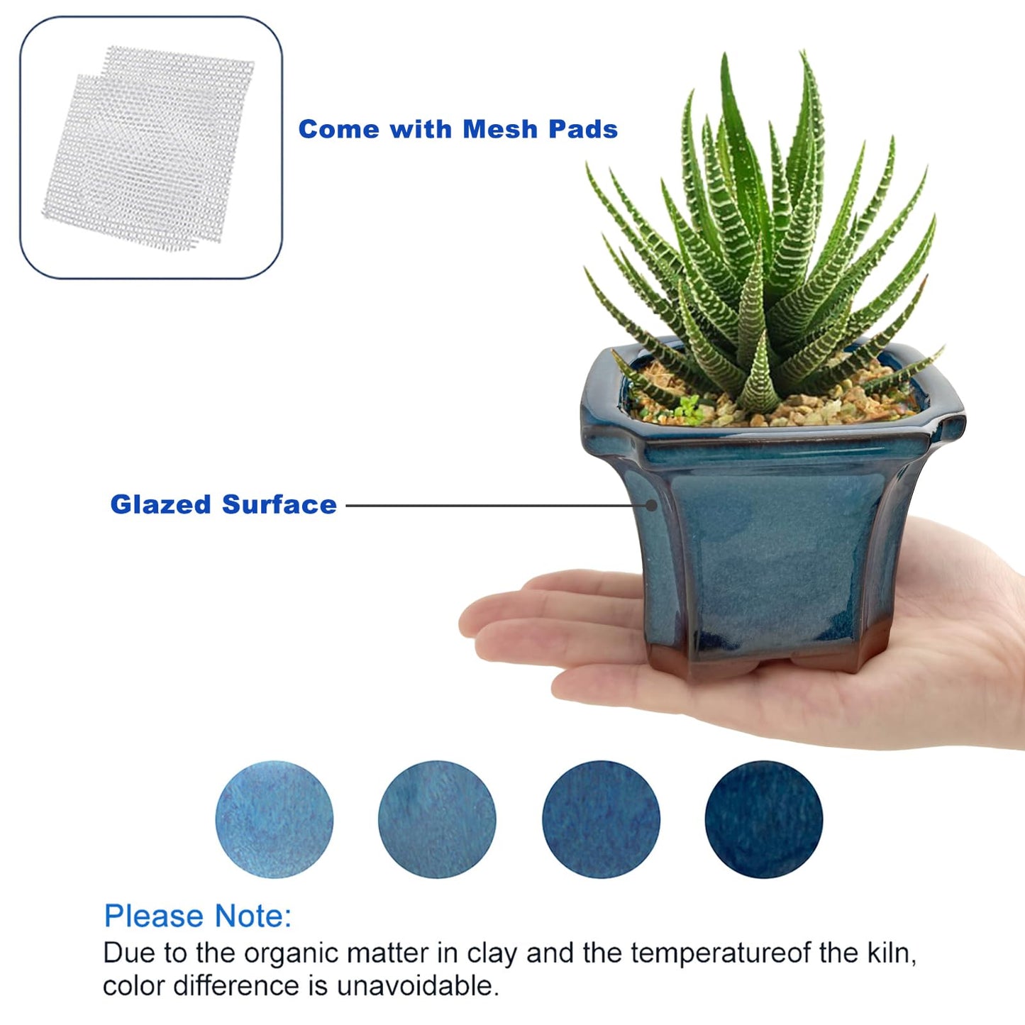 Bonsai Planter Succulent 4" Small Glazed Pots, Value Set of 2 + 4 Soft Mesh Drainage Screens