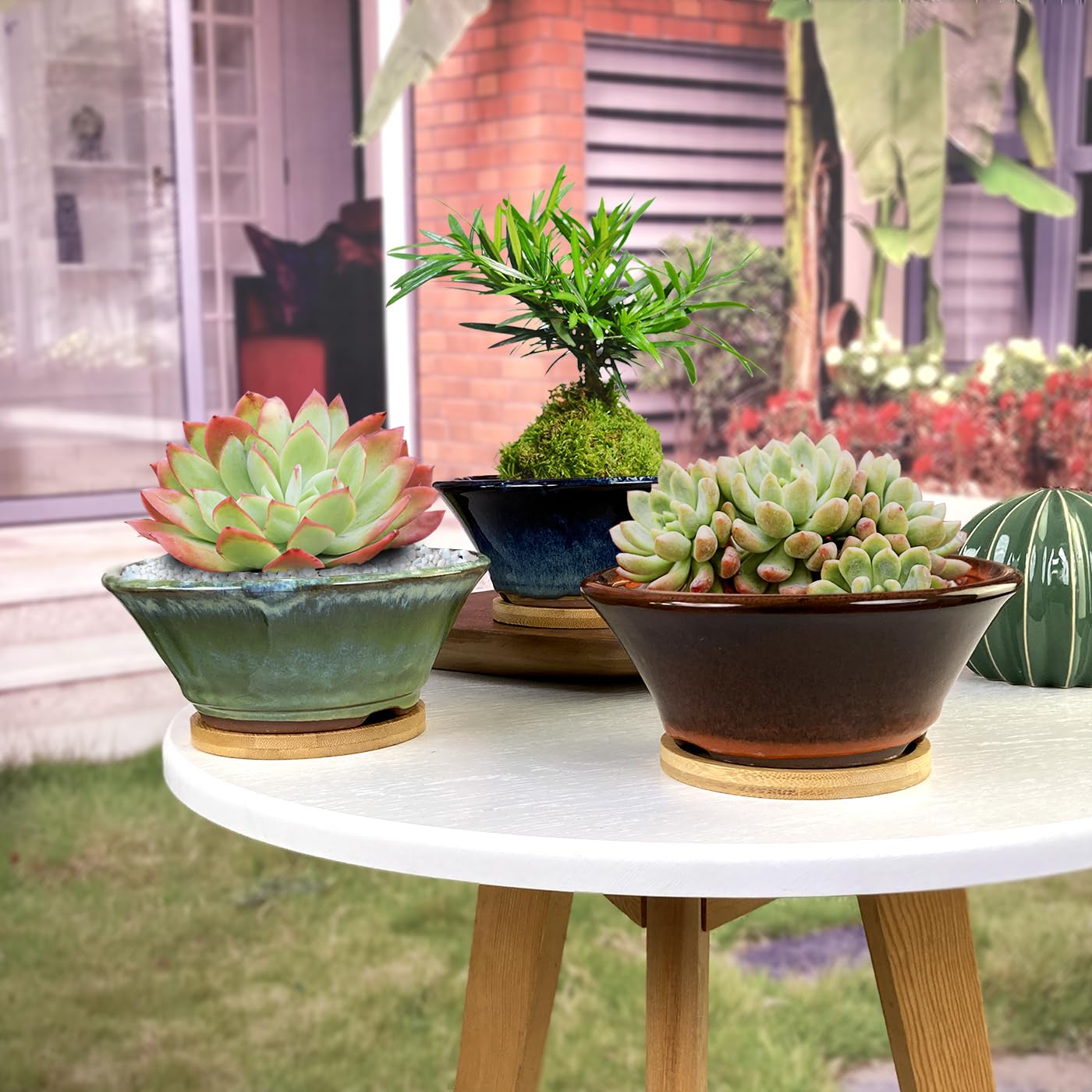 Summer Impressions 6 Inch Glazed Terracotta Succulent Pot Planter Small Plant Pot with Drainage Hole and Bamboo Saucer Cactus Ceramic Pot Set of 3 (Blue Green Orange)