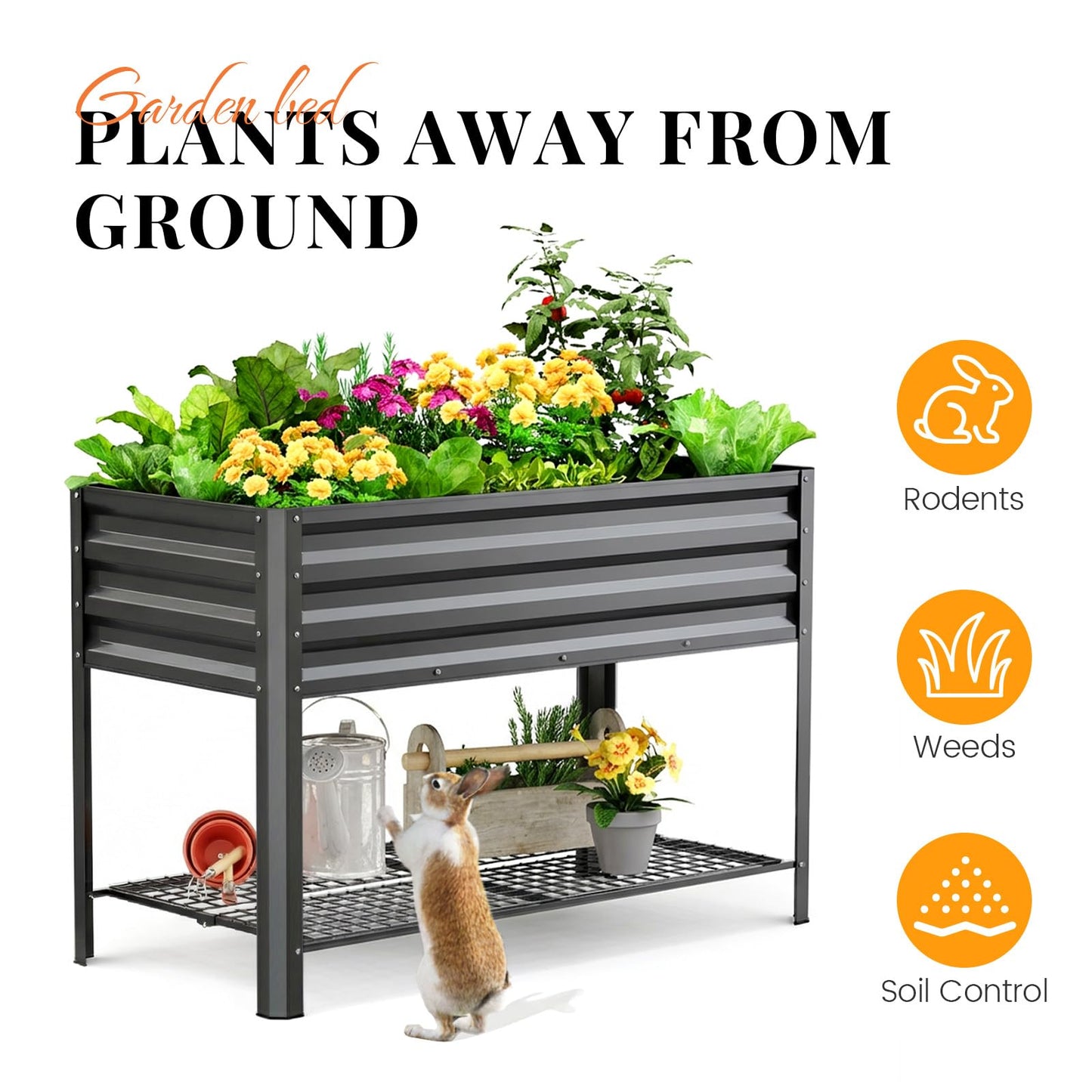 KING BIRD Large Raised Garden Bed with Legs & Storage Shelf Galvanized Elevated Planter Box for Backyard, Patio, Balcony, 400lb Capacity, Dark Grey 48×24×31.5 in
