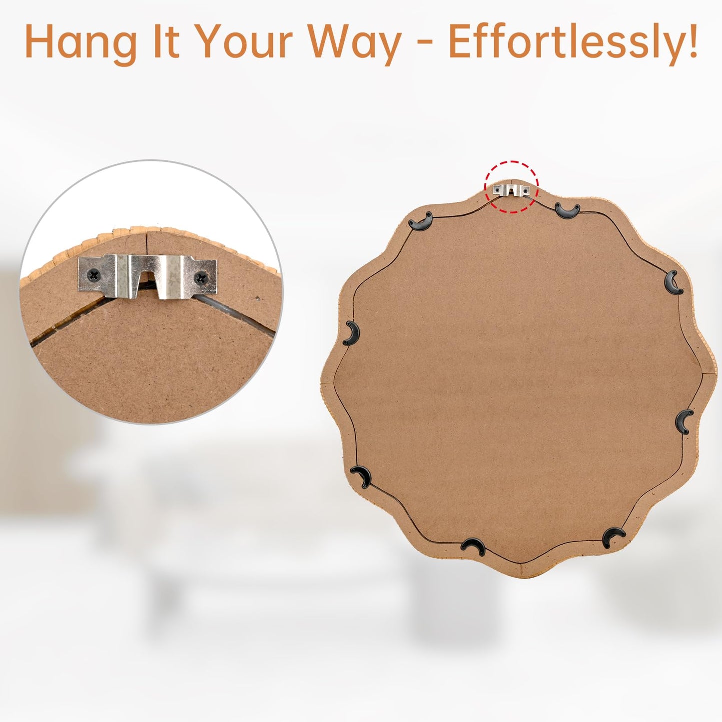 FUIN 20" Round Rattan Wall Mirror, Scalloped Wavy Wicker Frame – Handwoven Natural Boho Decor for Bathroom Vanity, Nursery & Entryway – Distortion-Free Glass