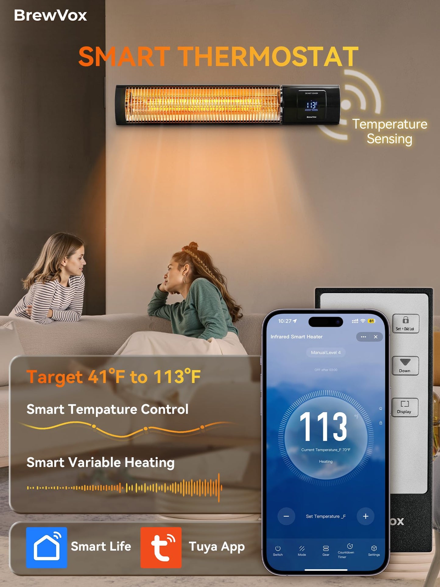 BrewVox Carbon Infrared Electric Outdoor Patio Heater with Thermostats, Smart App-Controlled with Remote On/Off & Timer for Living Room, Bedroom, Garage, Office