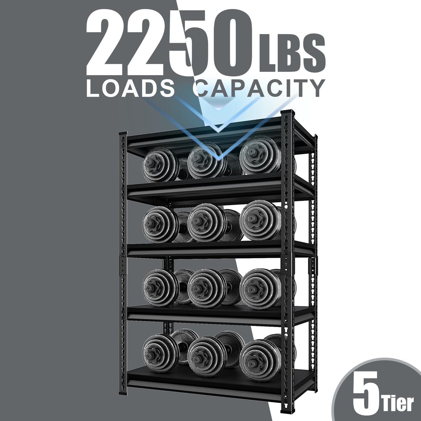 Rufokisa 5-Tier Garage Shelving Heavy Duty, 72" Metal Shelving Unit - 2250 lbs Load Capacity, 40"W x 18"D x 72"H (Black)