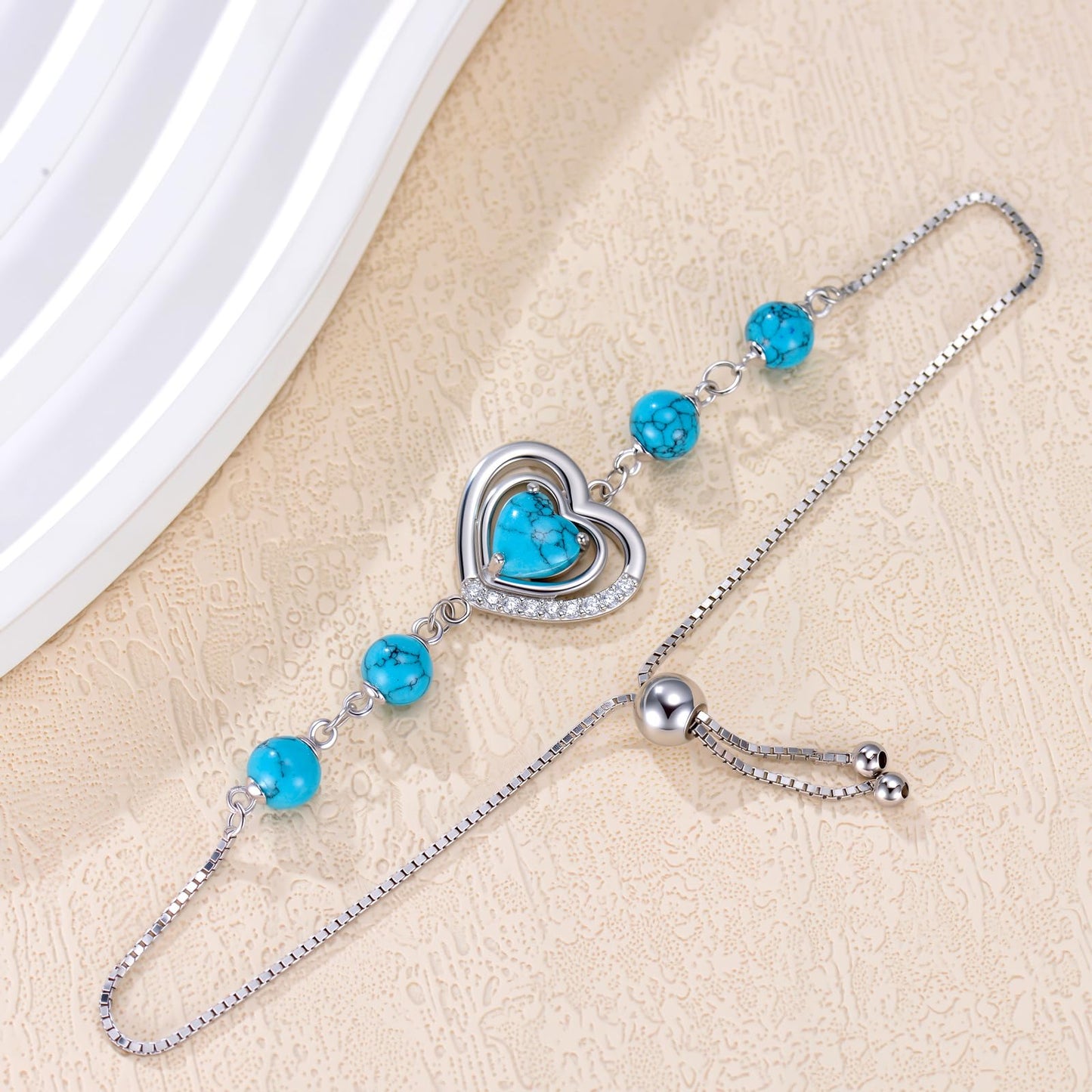 PEIMKO 925 Sterling Silver Heart Turquoise Exquisite Bracelet Boho Style Bracelet Jewelry Gifts for Women Mother-7