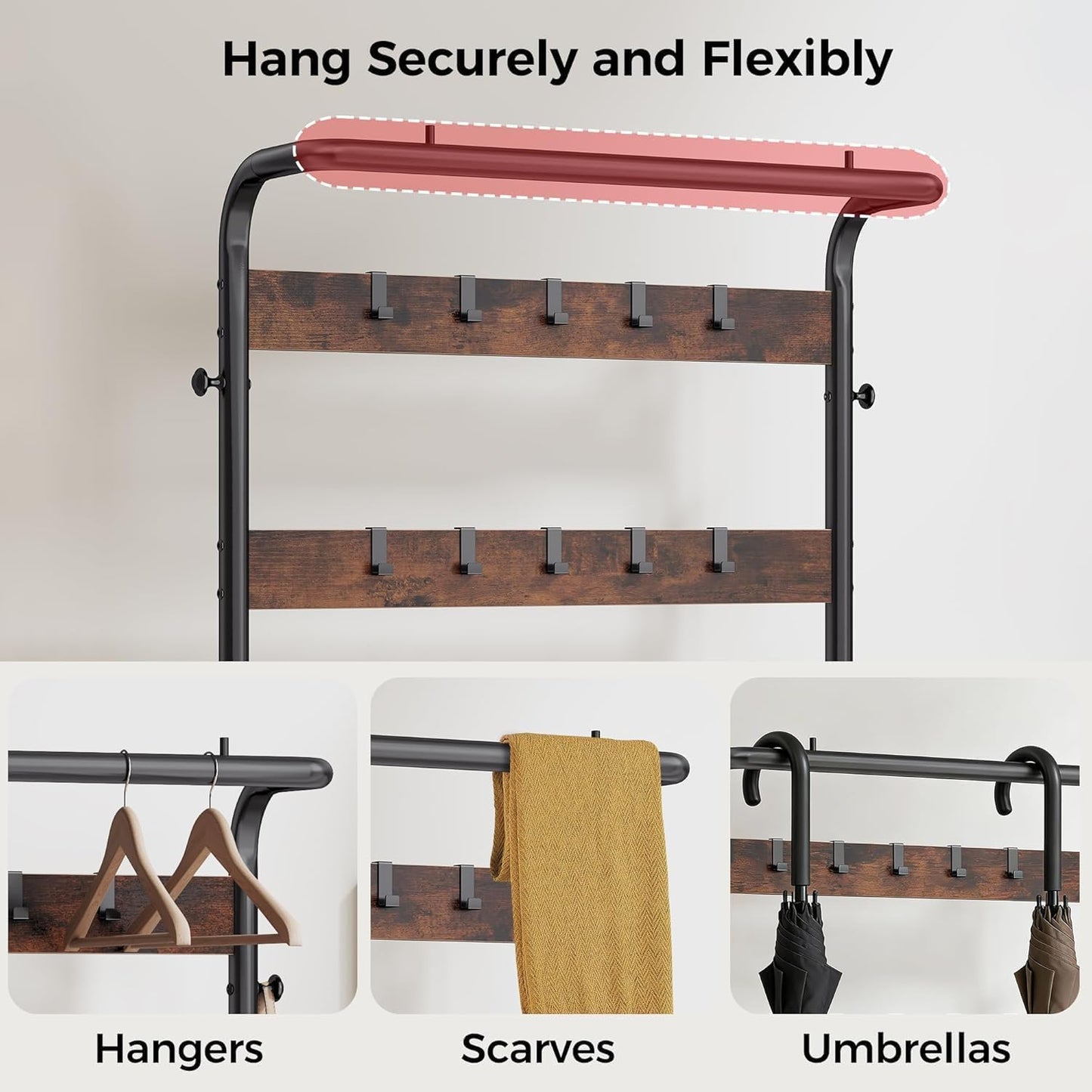 KMFurnila Hall Tree with Bench and Shoe Storage, 4-in-1 Entryway Organizer with 10 Hooks and Storage Shelf,Coat Rack Freestanding with 2-Tier Storage Shelf for Living Room, Bedroom Rustic
