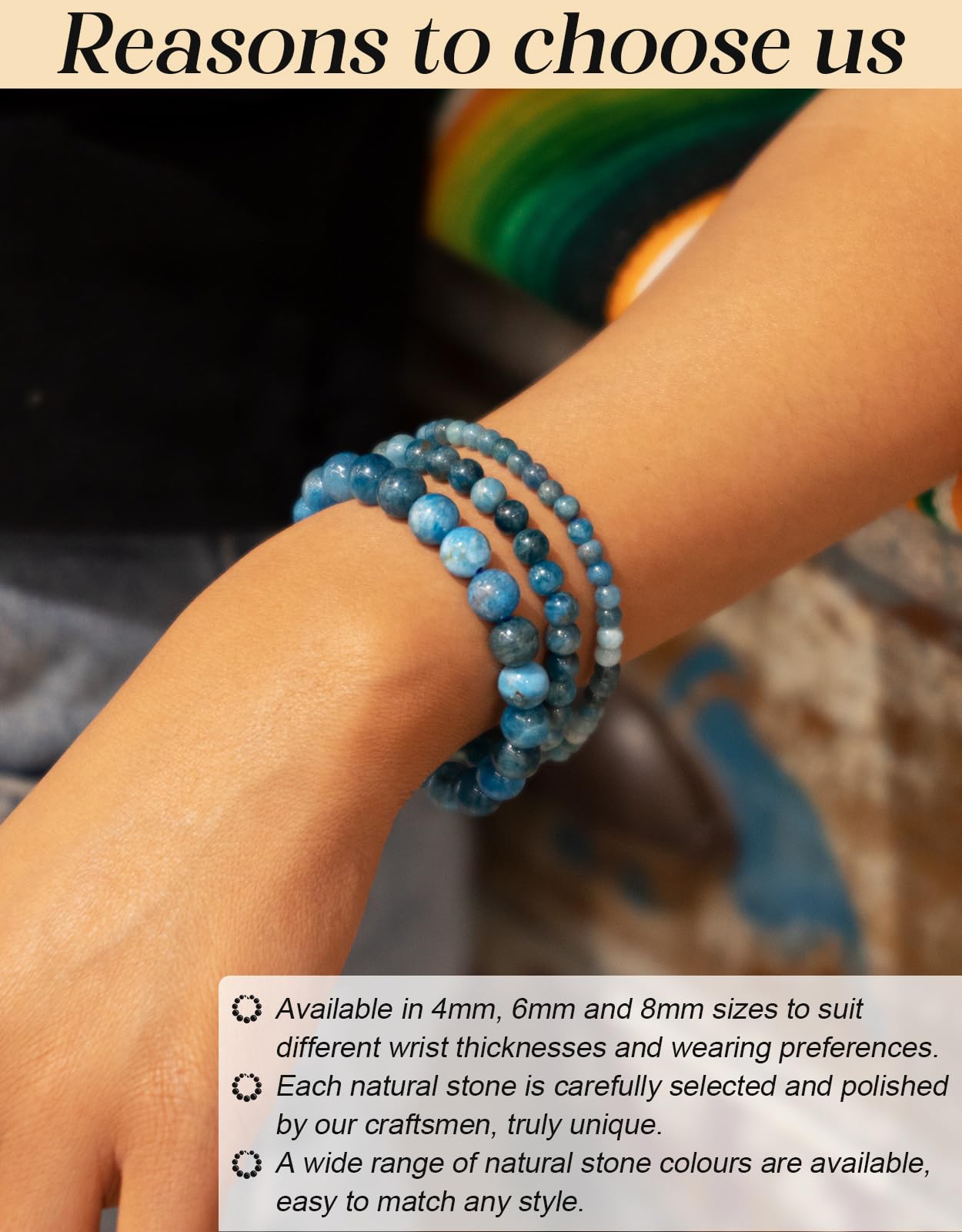 Landorilo Beaded Bracelet for Men Women, 8mm Natural Stone Apatite Healing Crystal Stretch Bracelets, Ideal Christmas Birthday Jewelry Gifts with Energy Card，Replacement Beads Included