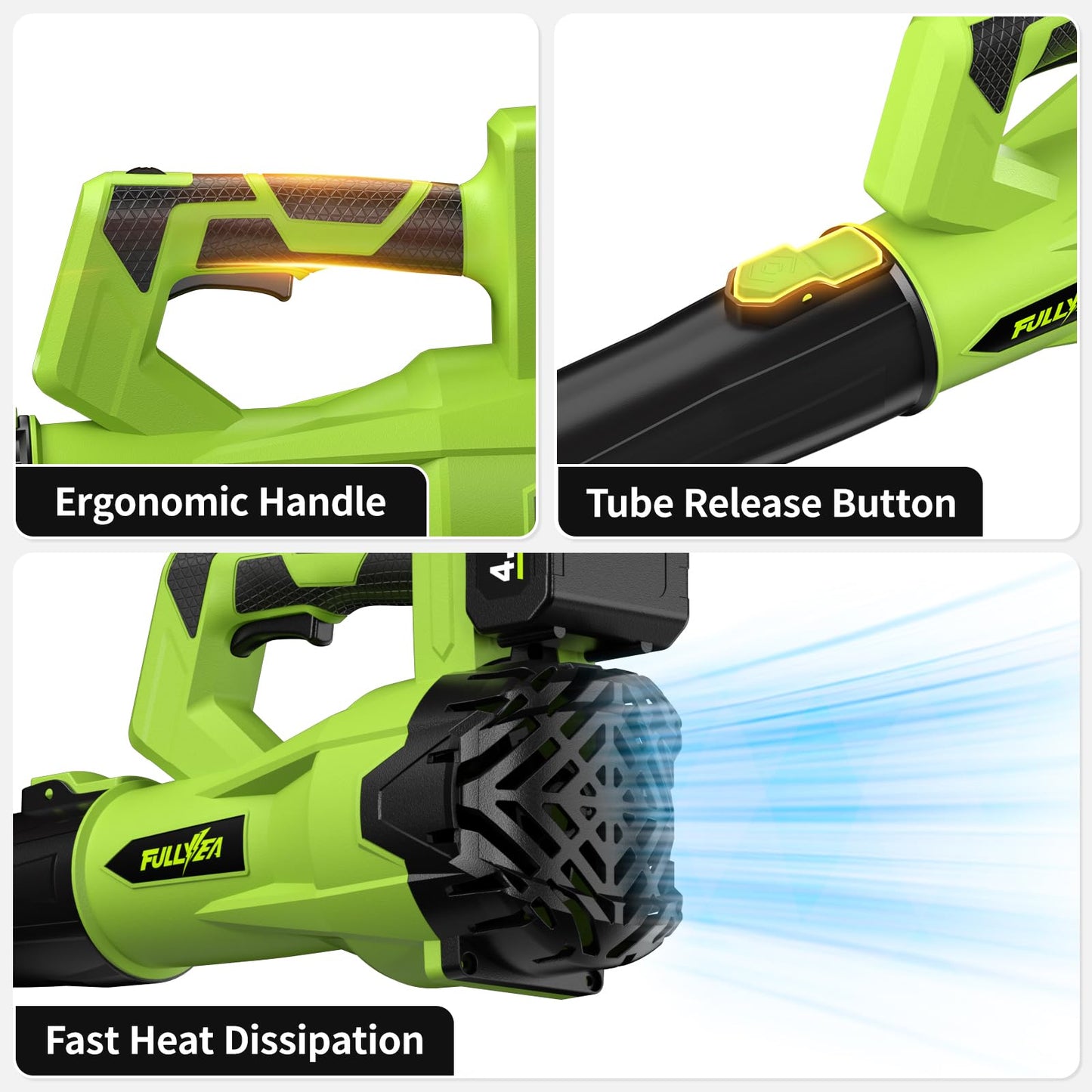 FULLYEA Cordless Leaf Blower 650CFM/180MPH, 21V Electric Leaf Blower with 3 Tubes & 2 x 4.0Ah Batteries, 6 Speed Modes, Battery Powered Leaf Blowers for Cleaning Patio, Yard, Garage, Lawn (Green)