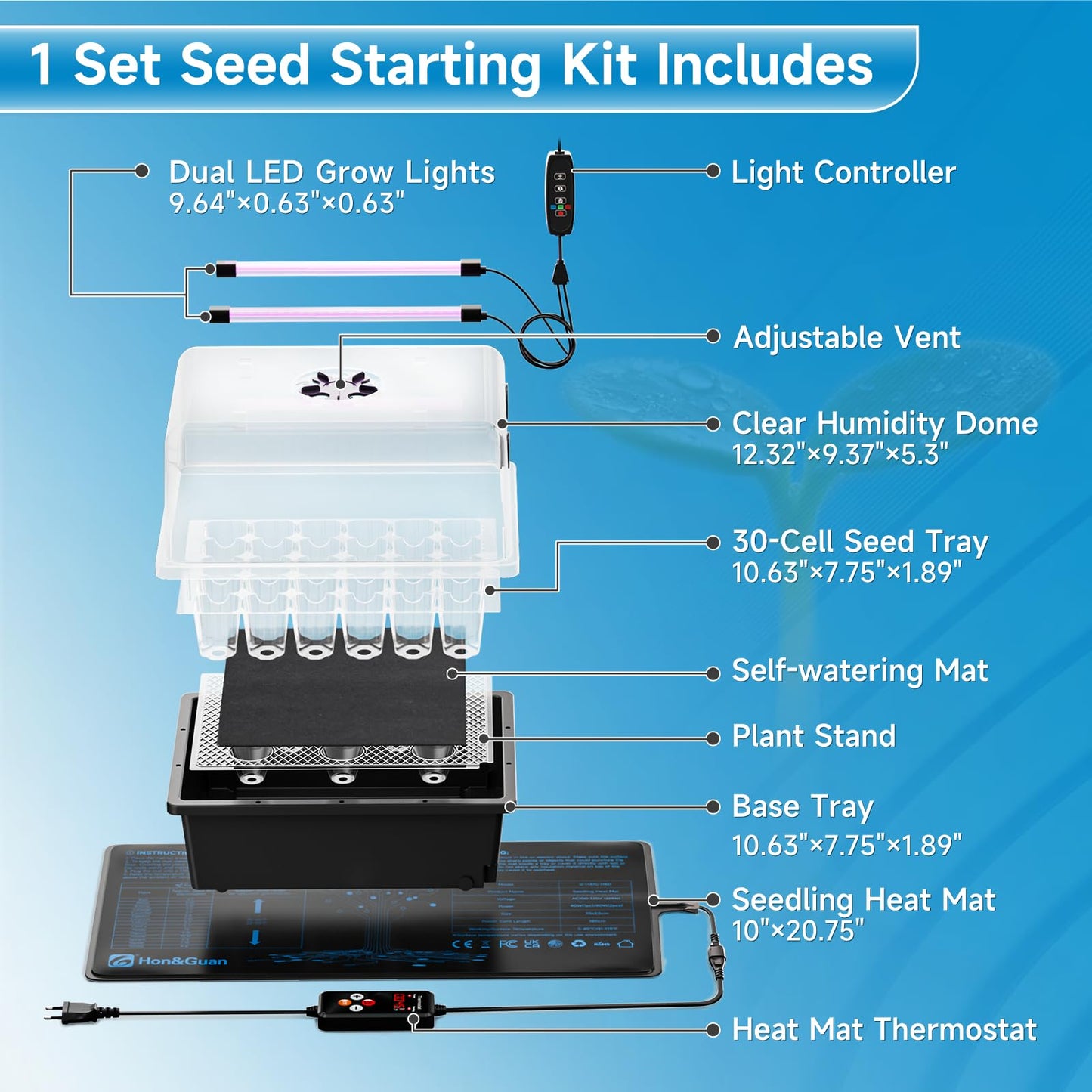 Hon&Guan 2 Pack Seed Starting Kit - 30 Cell Seed Starter Tray with Higher 5.3” Humidity Dome, LED Growing Lights and 10"x20.75" Seedling Heat Mat, Adjustable Vents - Germination & Plant Propagation