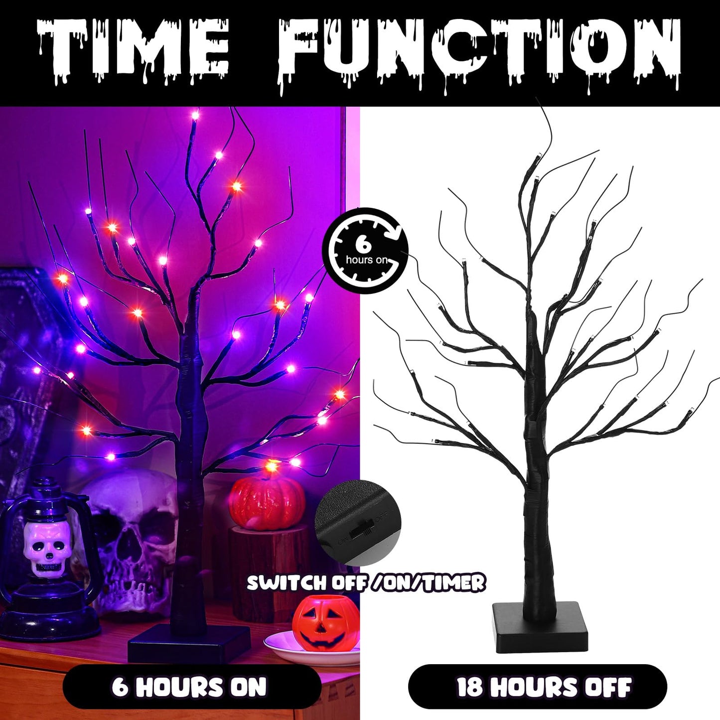 Ganeen 2 Pcs Halloween Decorations Indoor 24 Inch/2 ft Lighted Orange and Purple Birches Tree with Timer 48 LED Lights Willow Battery Operated Artificial Black Tabletop Spooky Tree for Home and Party