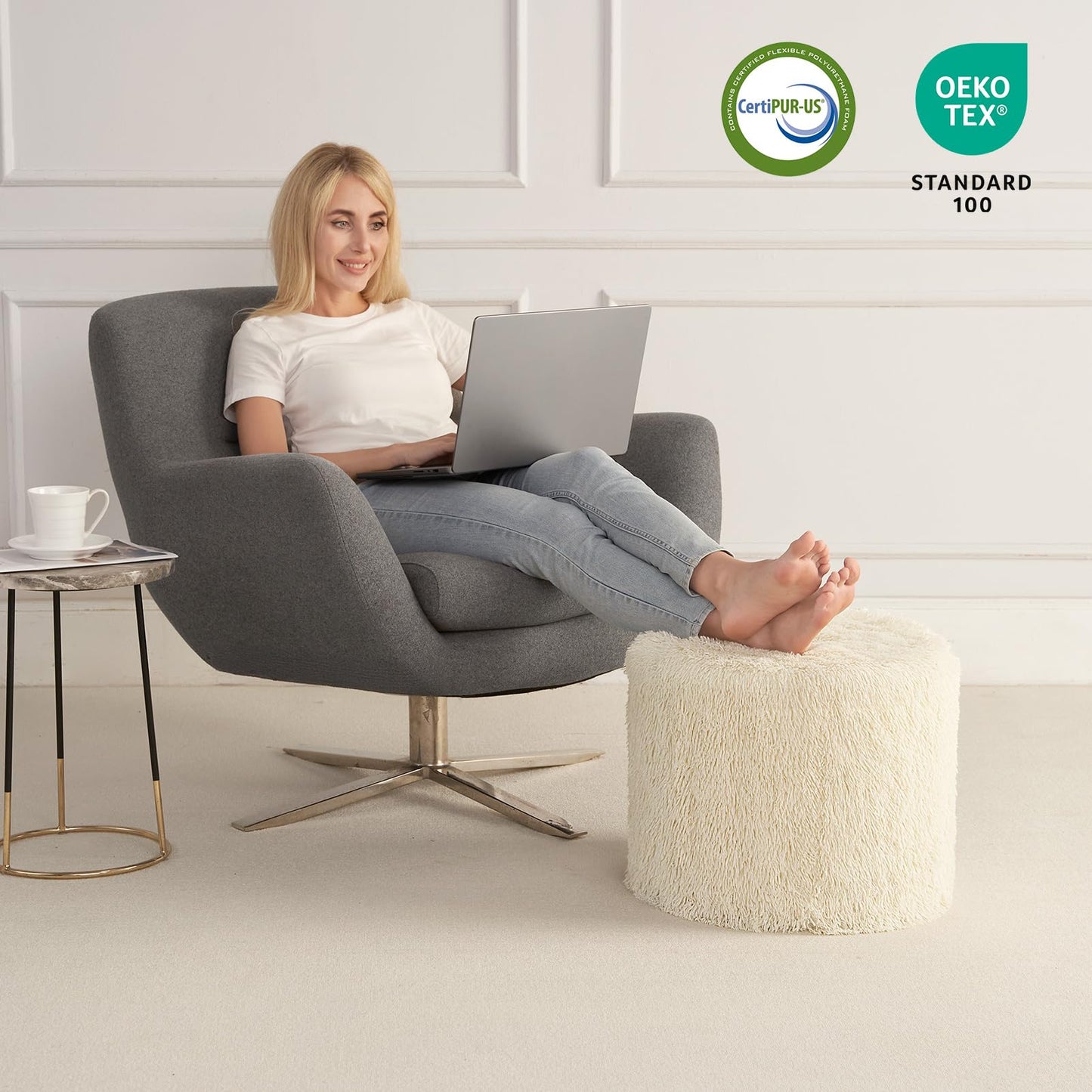 Hansleep Round Stuffed Pouf Ottoman 17 x 14, Foam Filled Faux Fur Ottoman Foot Rest for Chair with Washable Cover, Foot Stools Under Desk for Living Room & Bedroom, Beige