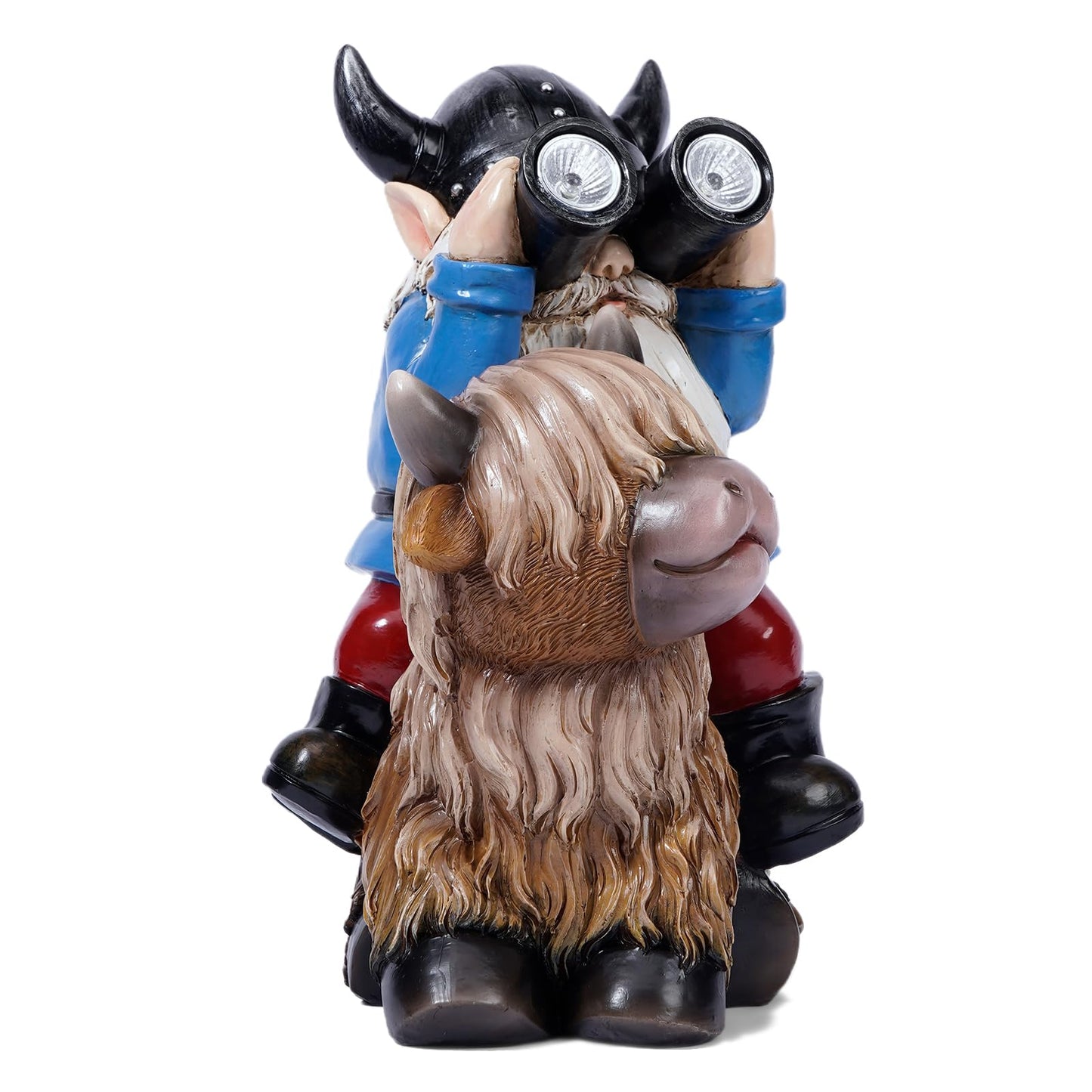 Joint Honglin Garden Gnome Statues Resin Gnome Sitting on Highland Cow Solar LED Lights Outdoor Telescope Gnome Decorations