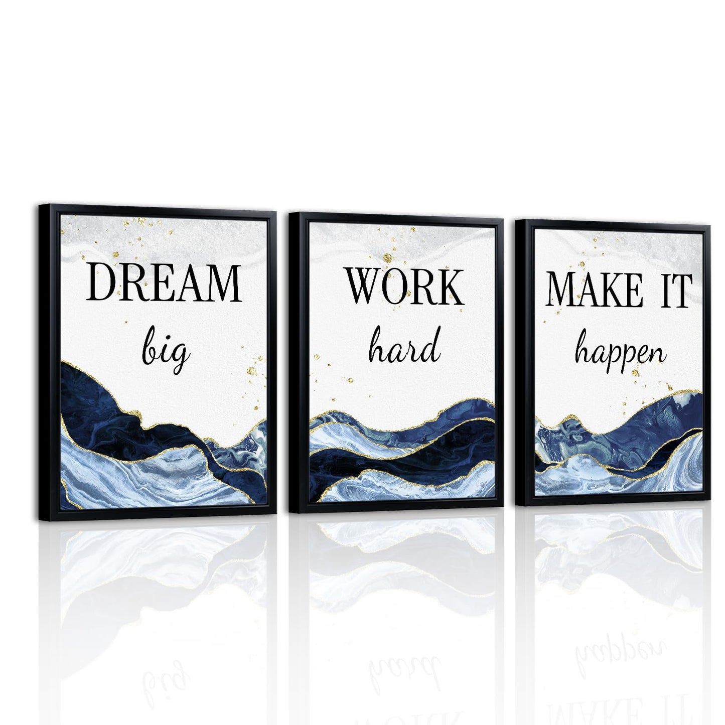 LevvArts Motivational Office Decor Dream Big Work Hard Make It Happen Inspirational Quotes Wall Art Prints Blue and Gold Artwork (Blue)