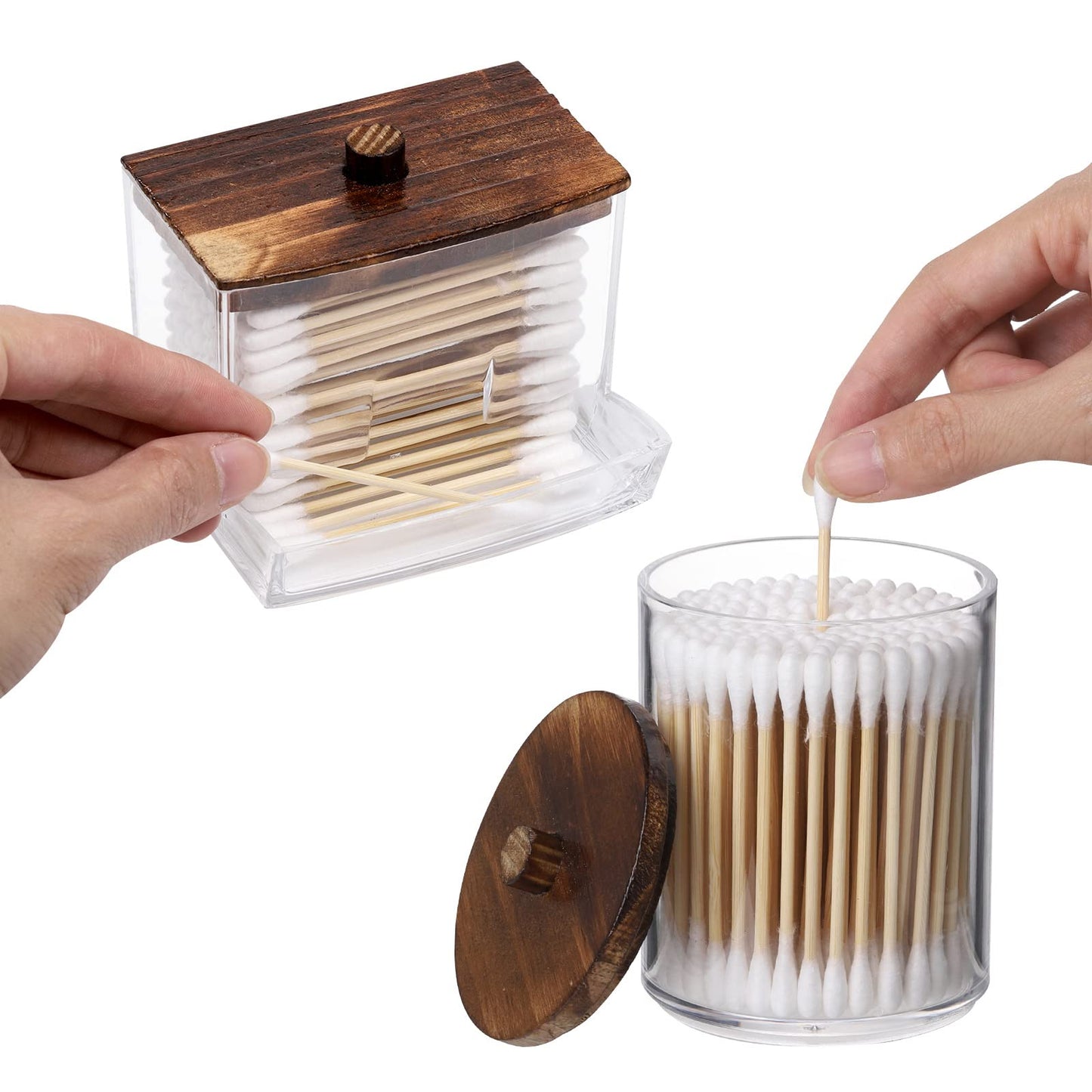 Tbestmax Qtips Holder Bathroom Container, 10 OZ Cotton Ball/Swabs Dispenser, Apothecary Jar Organizer for Storage Brown Wood Lids