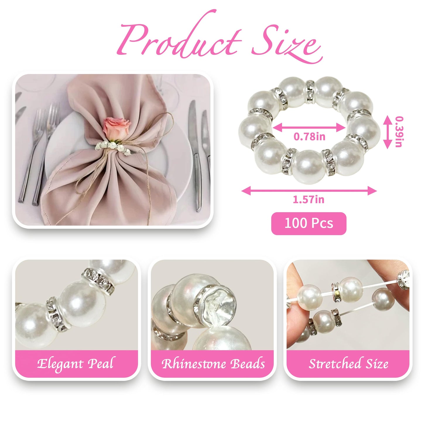 100 Pcs Silver Disposable Napkin Rings Imitation Pearl Ring Napkin Holder Delicate White Beaded Serviette Buckles for Wedding. Party, Family Parties, Engagements, Dinner Table Decor and Daily Use