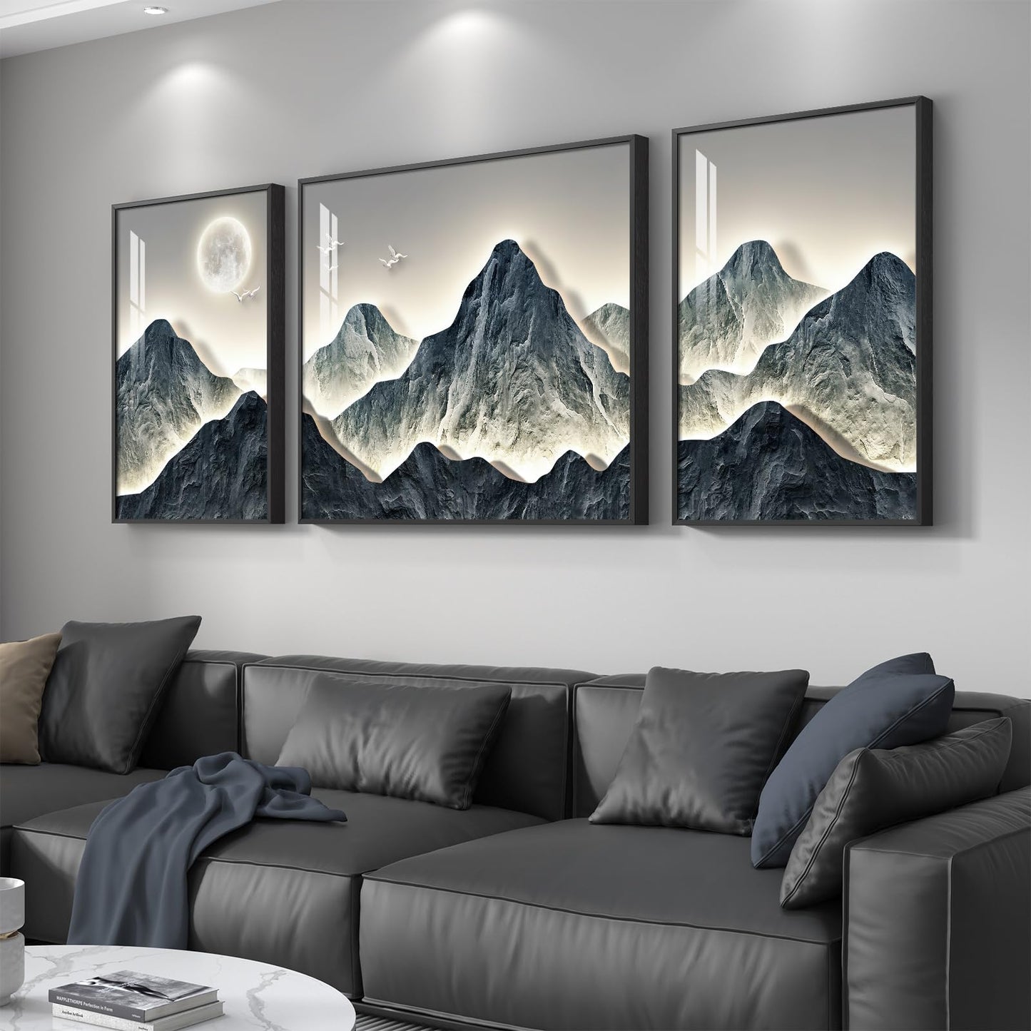 Framed Modern Mountain Wall Art for Living Room, 3 Piece Blue Luxury Bright Style Painting Prints, Landscape Moon Artwork for Dining Room Hallway Home Office Wall Decor