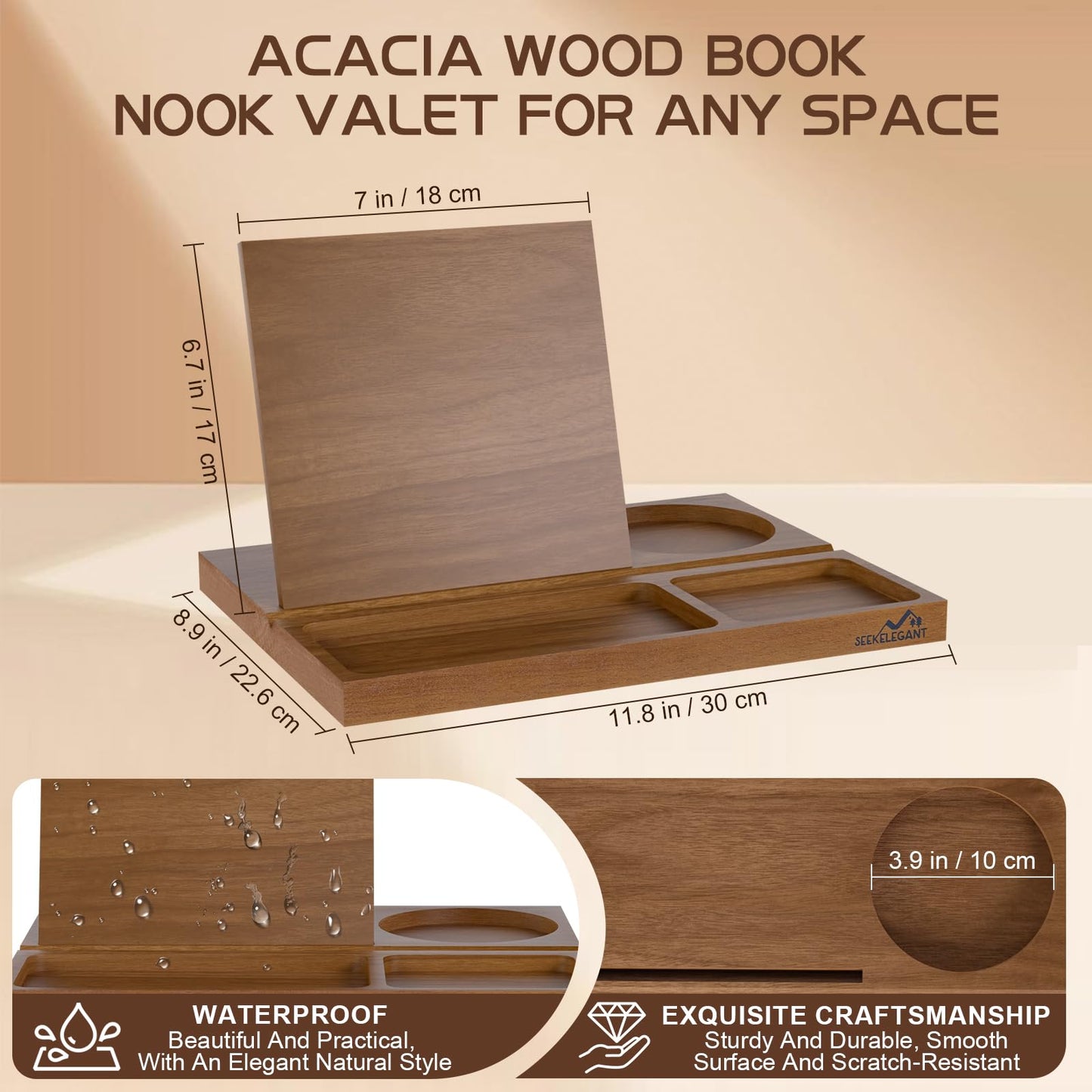 Acacia Book Nook Reading Valet Stand, Wooden Book Stand for Reading Rest, Triangle Books Holder with Cup, Pen, Phone & Earphone Holder, for Nightstand Bedside Desk Library and Book Lover Gifts