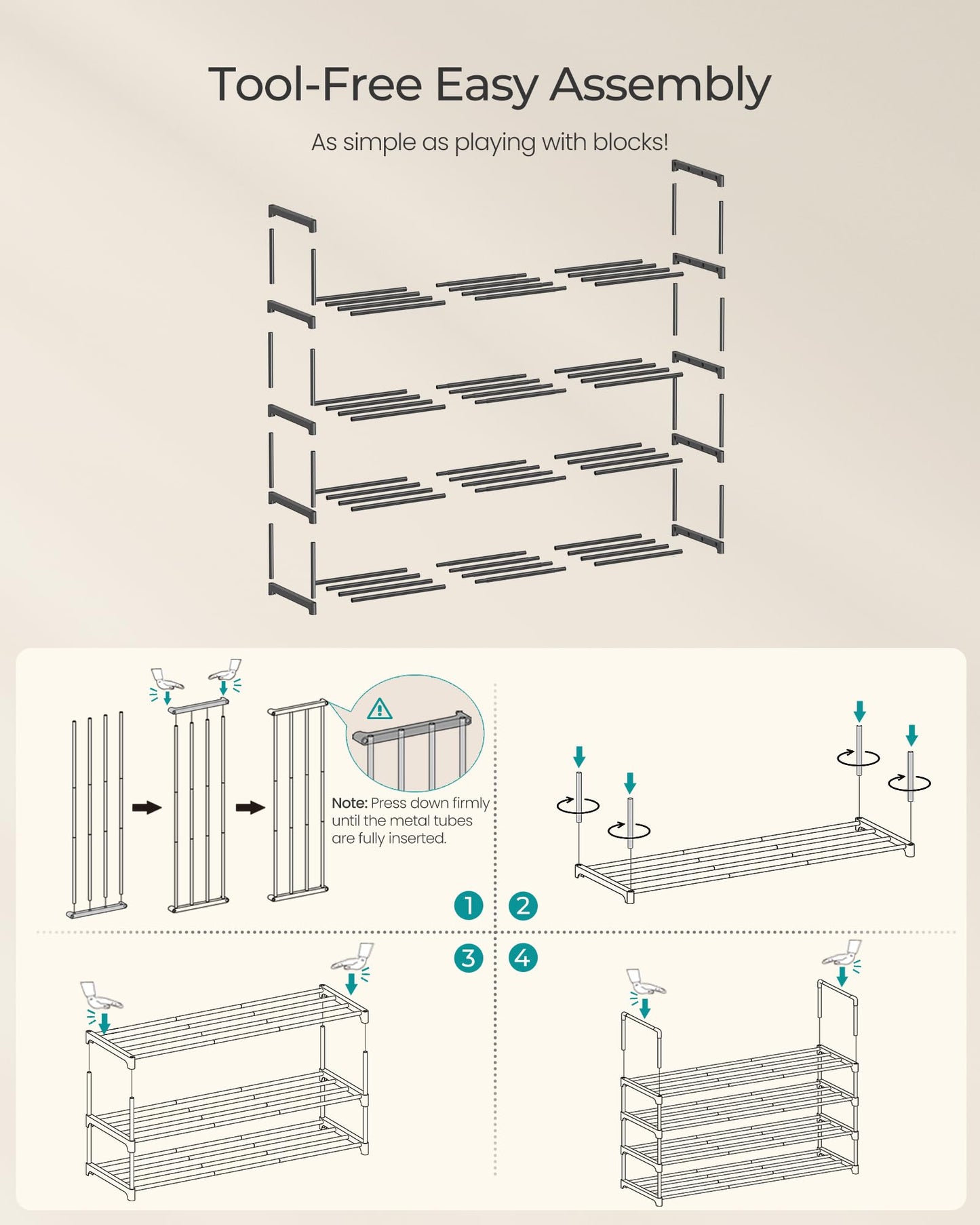 SONGMICS Shoe Rack, 4-Tier Shoe Organizer, Metal Storage Shelf, Upright or Upside Down, for 20-25 Pairs, Stackable, for Entryway, 11.8 x 36.2 x 29.1 Inches, Black ULSA14BK
