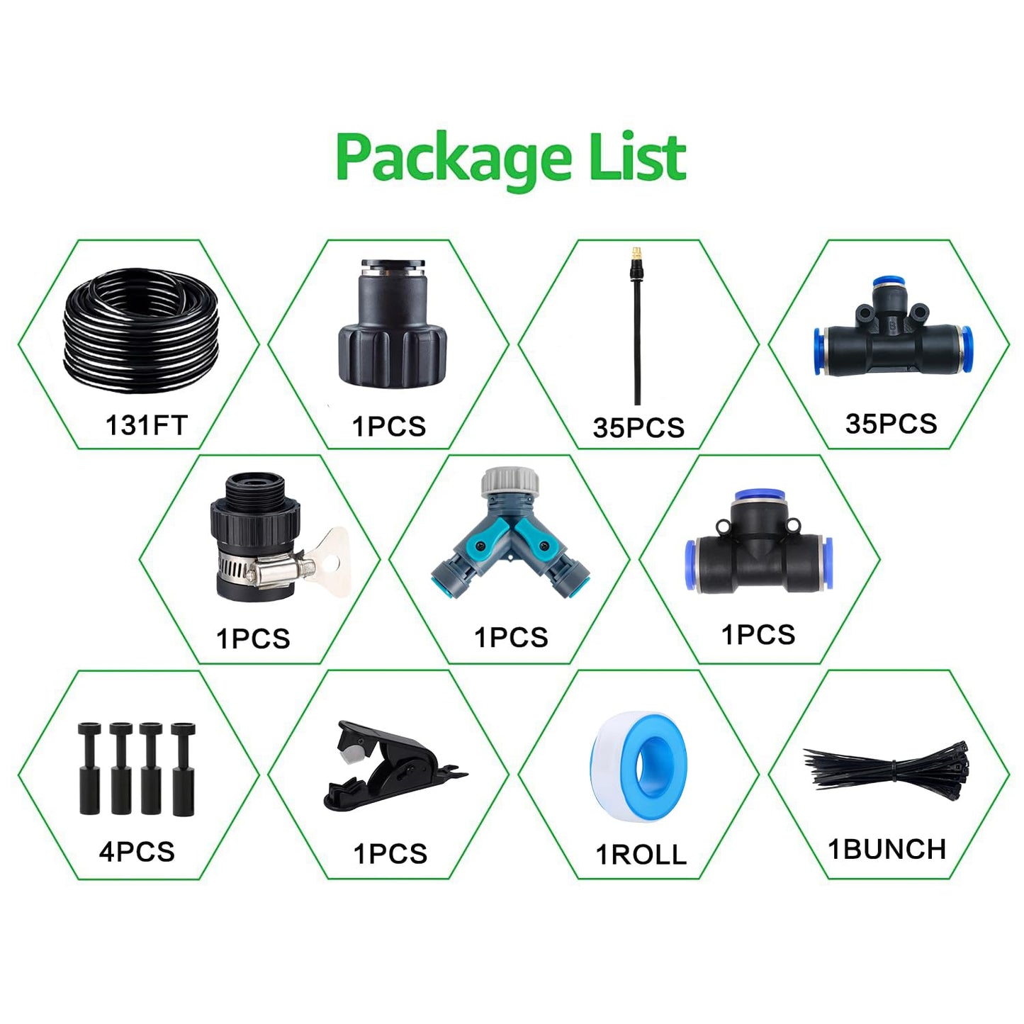 131FT Drip Irrigation Kits with Quick Connector,Automatic Irrigation System with Replaceable 360-degree Bending Dropper,atomizing Copper Nozzle for Watering System for Garden Plant Lawn Patio.