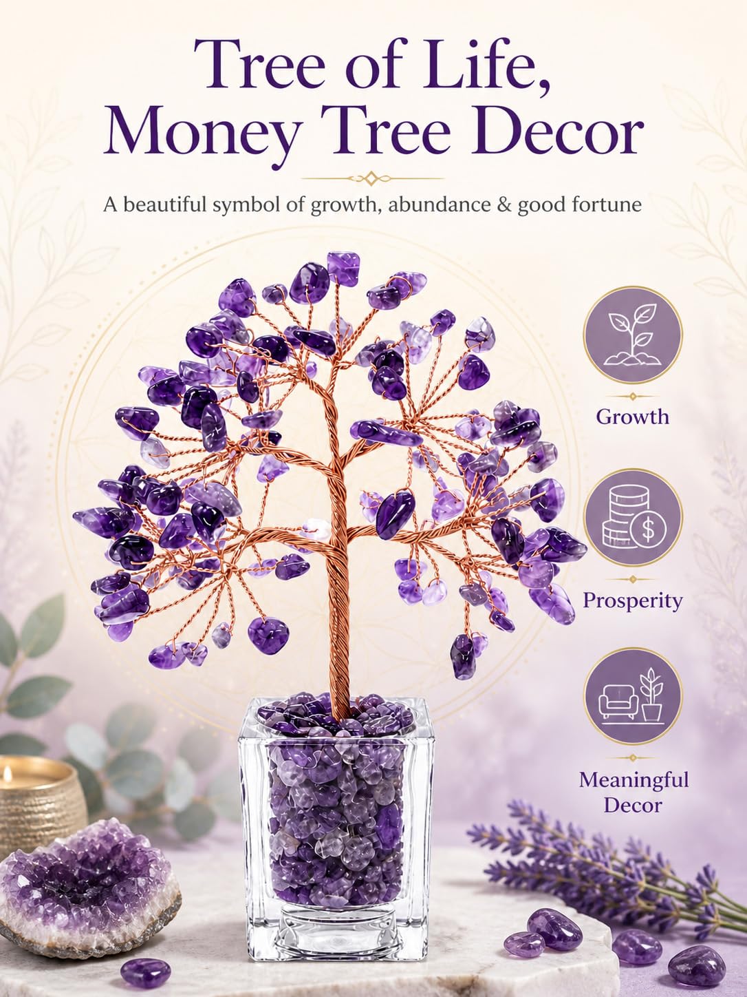 RJVZUKL Natural Amethyst Crystal Tree of Life, Purple Money Tree with Clear Acrylic Base, Handmade Copper Wire Bonsai, Feng Shui Desk Decor, Good Luck Gifts for Women Mom Sister