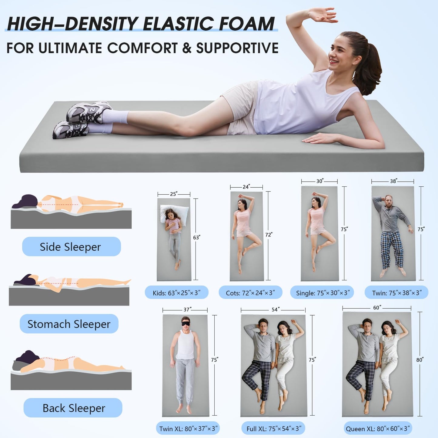 CYMULA Memory Foam Camping Mattress Pad,3 in Sleeping Pad for Camping,Non-Slip Bottom Floor Bed Floor Mattress for Adults,Portable Roll up Mattress Sleeping Mat for Car Travel,Guest Bed (Cot 72 * 24)