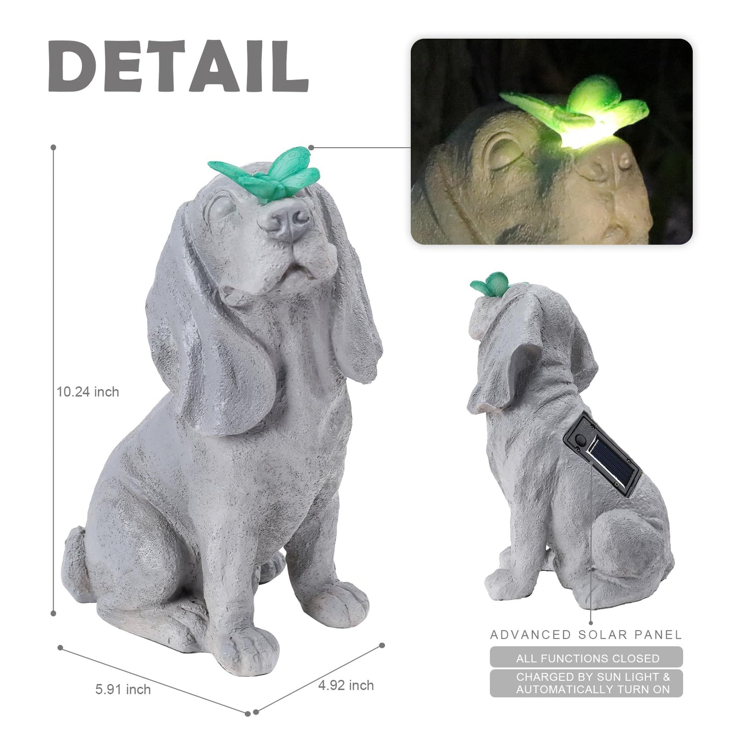 Ovewios Garden Statue Dog Figurines - Outdoor Dog Statue with Solar Butterfly Lights for Patio Yard Art Decor Balcony Lawn Ornament, Ideal Housewarming Gardening Gifts for Mom