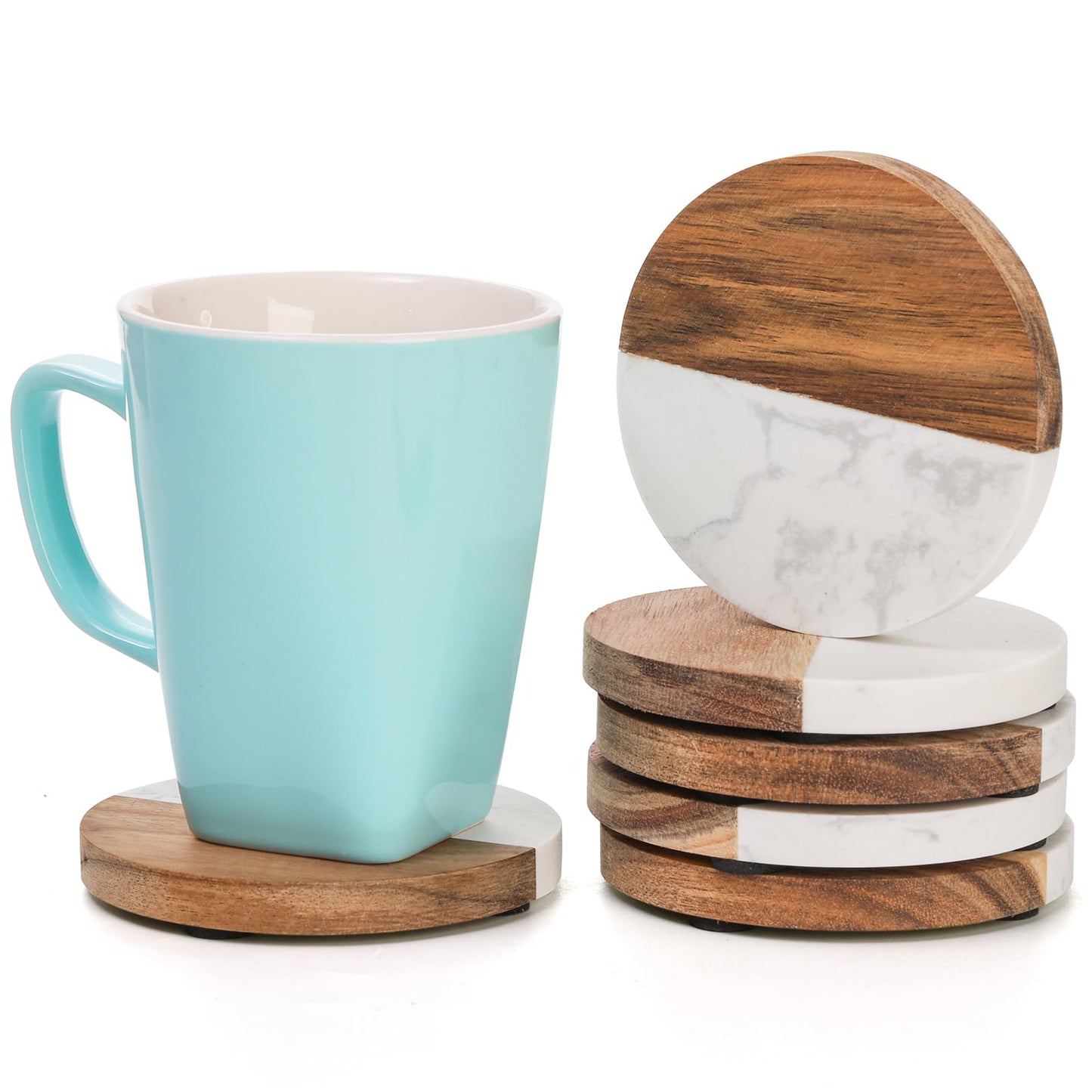 ZENFUN 6 Packs Marble Wood Coasters, Round Coaster, Handcrafted Artificial Marble Coasters Set for Your Drinks and Beverages, Tea, Coffee, Wine/Bar Glasses, Tabletop Protection Helper