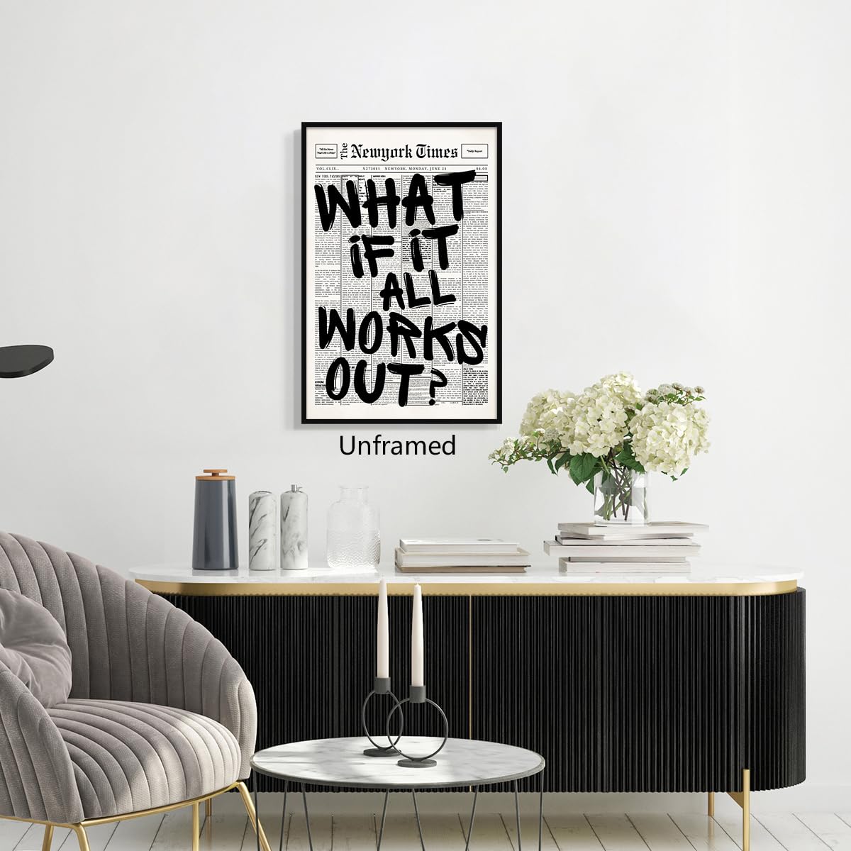 What If It All Works Out Canvas Wall Art, Black and White Newspaper Aesthetic Poster, Positive Affirmations Wall Decor, Daily Inspirational Quote Typography Print for Bedroom 8x12in Unframed