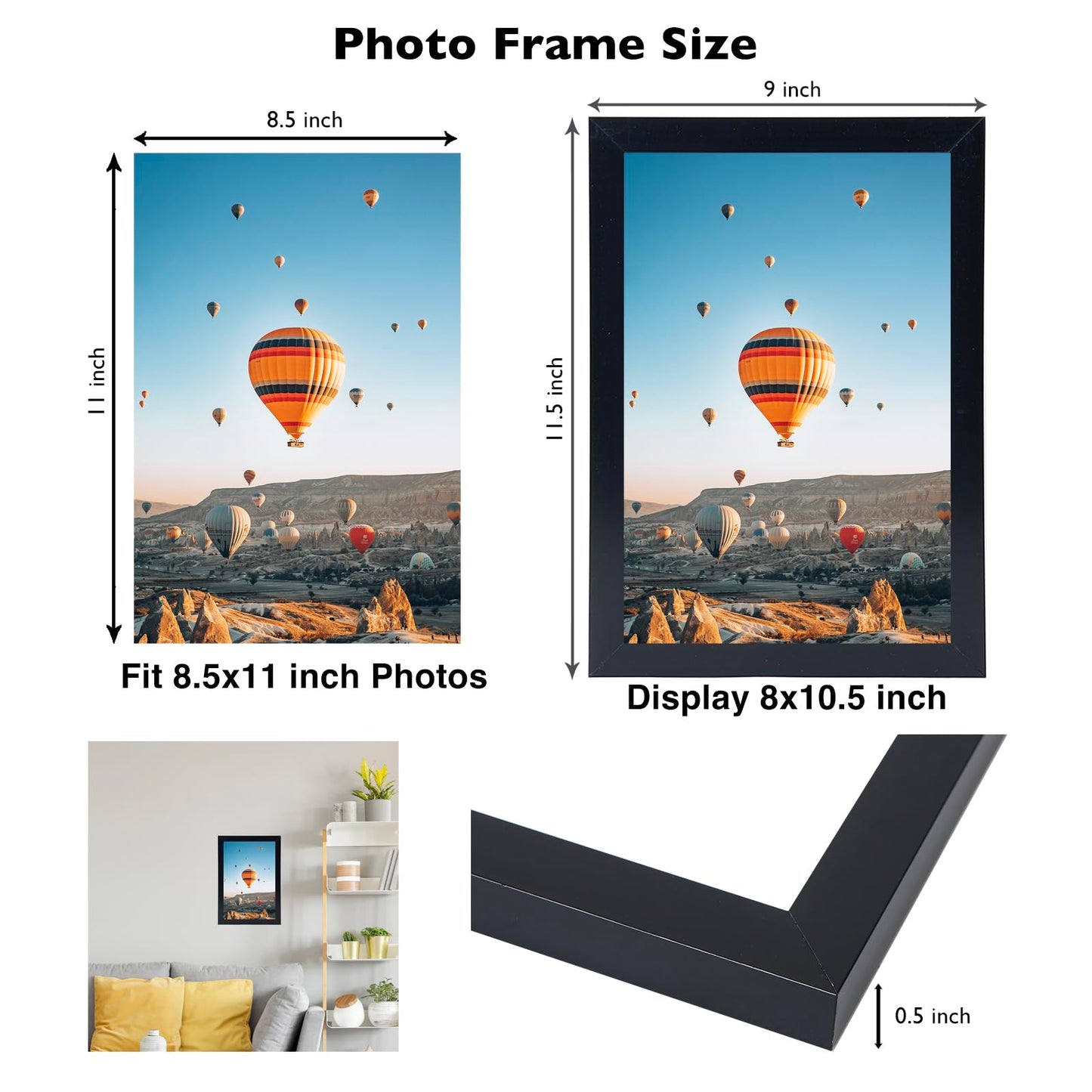 JCJMY 8.5x11 inch Picture Frame Black for Certificate Poster and Photo, Horizontal and Vertical Formats for Wall Hanging or Tabletop, 8.5x11 Frame with Shatter Resistant Plexiglass, Black