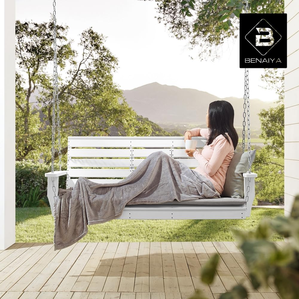 BENAIYA Heavy Duty Poly Lumber HDPE Porch Swing with Mounting Kit and Accessories Outdoor Hanging Chair with Cup Holders Swinging Bench for Patios, Backyard Poly Wooden Seating, Sturdy Steel Chains
