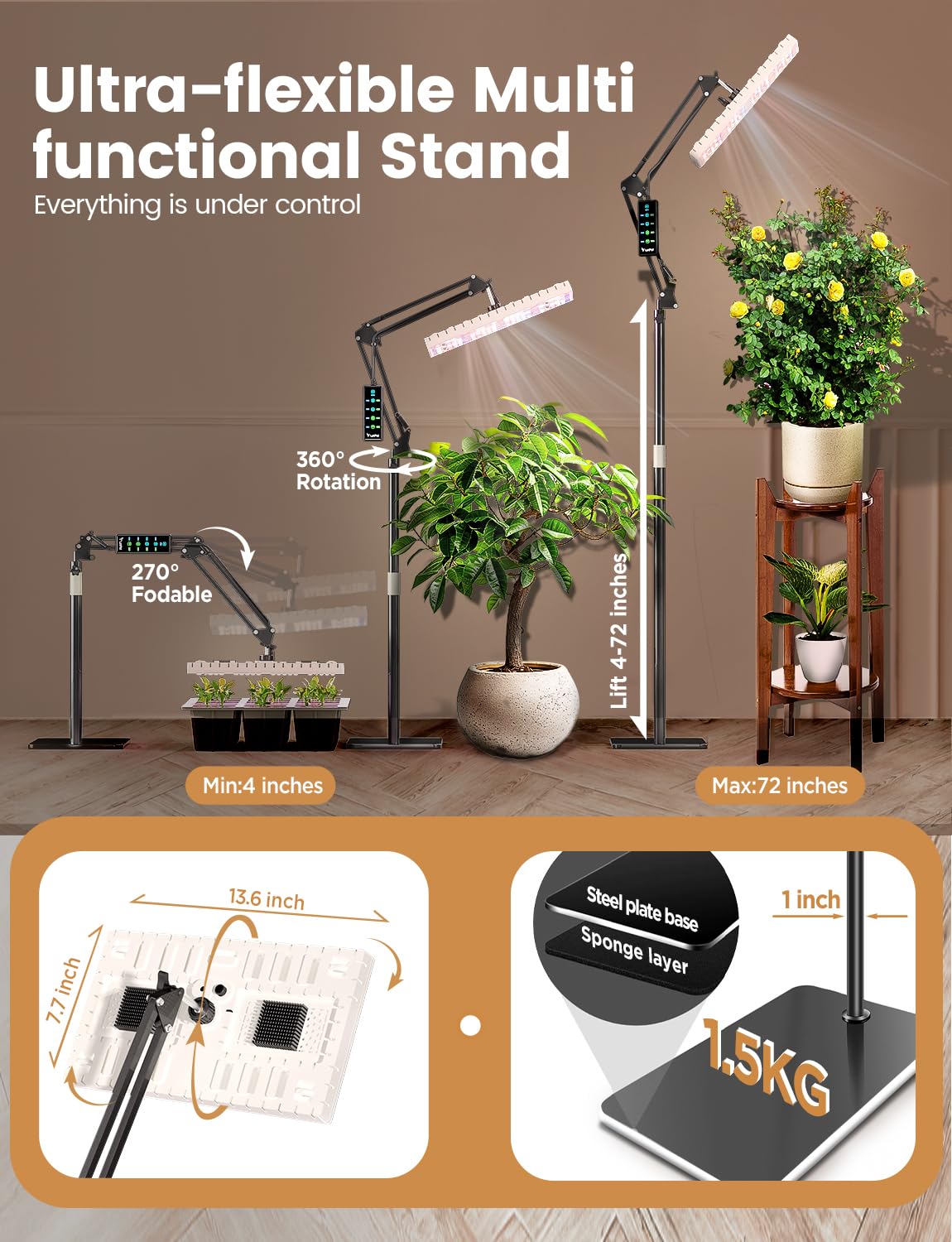 MetryGrow Plant Grow Light, [Smart APP & Expansive 2x2 Ft Coverage] Genuine 60W Output LED Full Spectrum for Indoor Plants, 8-Level Brightness, Supports Hanging & Standing, 270° Folding, 360° Rotation