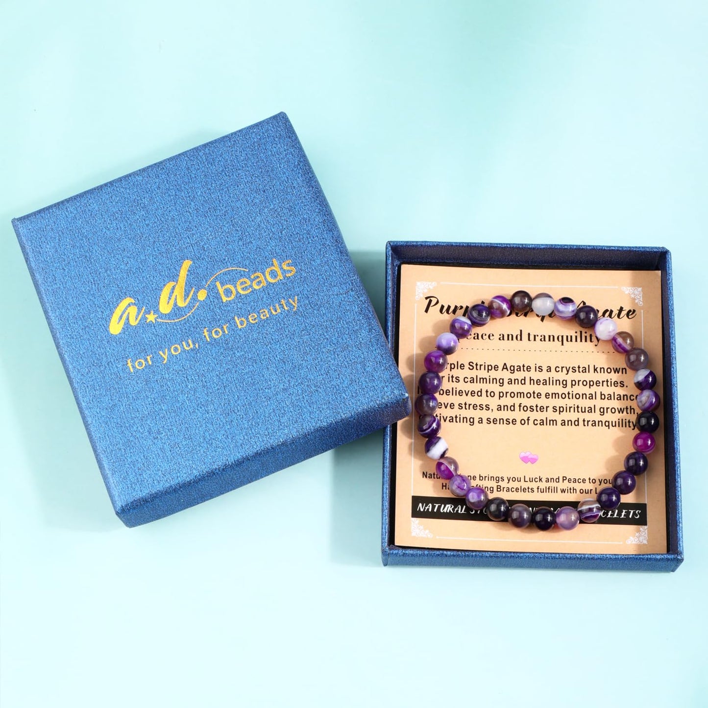 AD Beads 8mm Handmade Purple Stripe Agate Elastic Bracelet – Natural Gemstone for Peace and Tranquility – Meditation, Yoga, Healing and Energy Gift for Men Women
