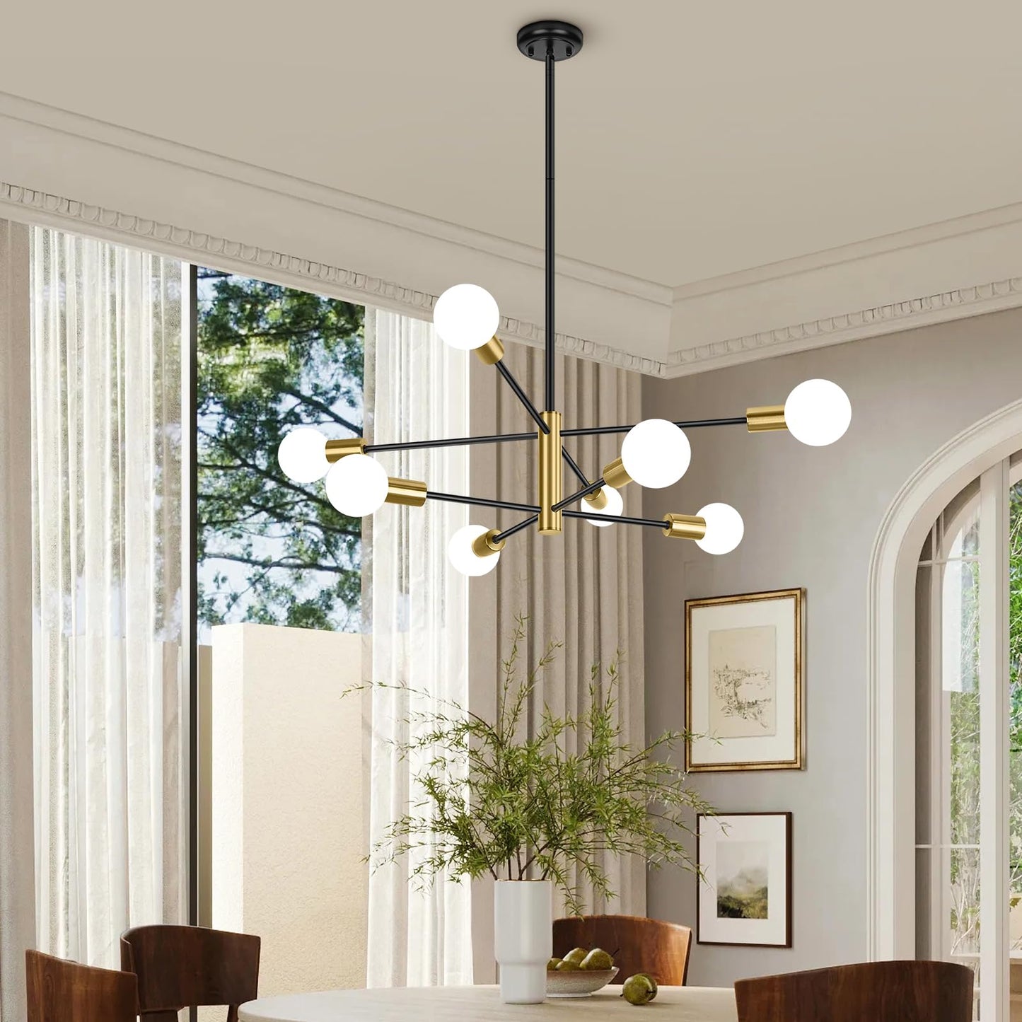 BesLowe 31‘’ 8-Light Modern Sputnik Chandelier, Mid Century Black & Gold Chandeliers Lighting, Farmhouse Ceiling Hanging Light Fixture for Dining Room Bedroom Room Kitchen Foyer, Height Adjustable