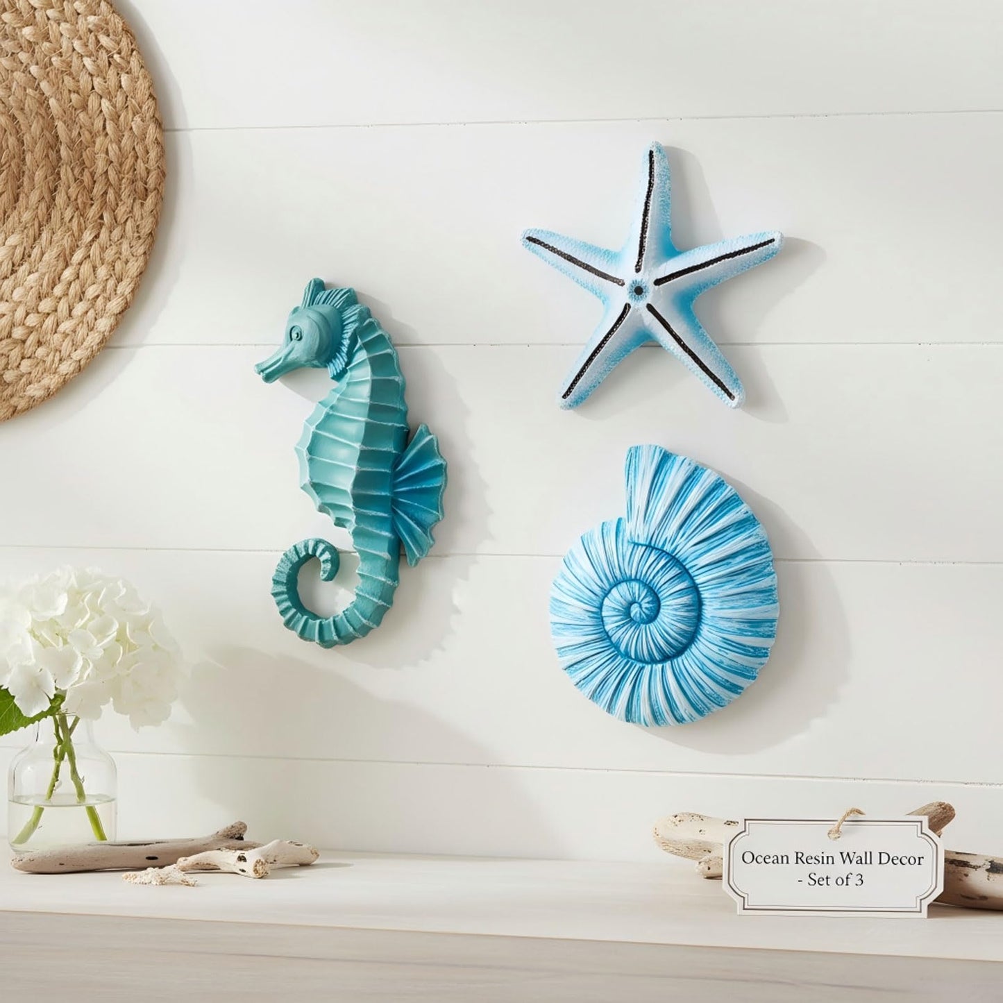 AIM & GGKK 3D Art Ocean Beach Wall Decor Coastal Decorations Sets with Starfish, Seahorse,Conch for Bedroom Bathroom Livingroom Beach House