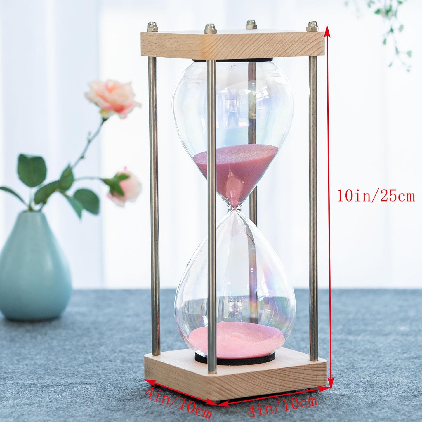 Large 60-Minute Hourglass Sand Timer,Pastel Macaron Glass & Natural Oak Wood Base, Modern Minimalist Office Home Desktop Decor (Macaron Pink)