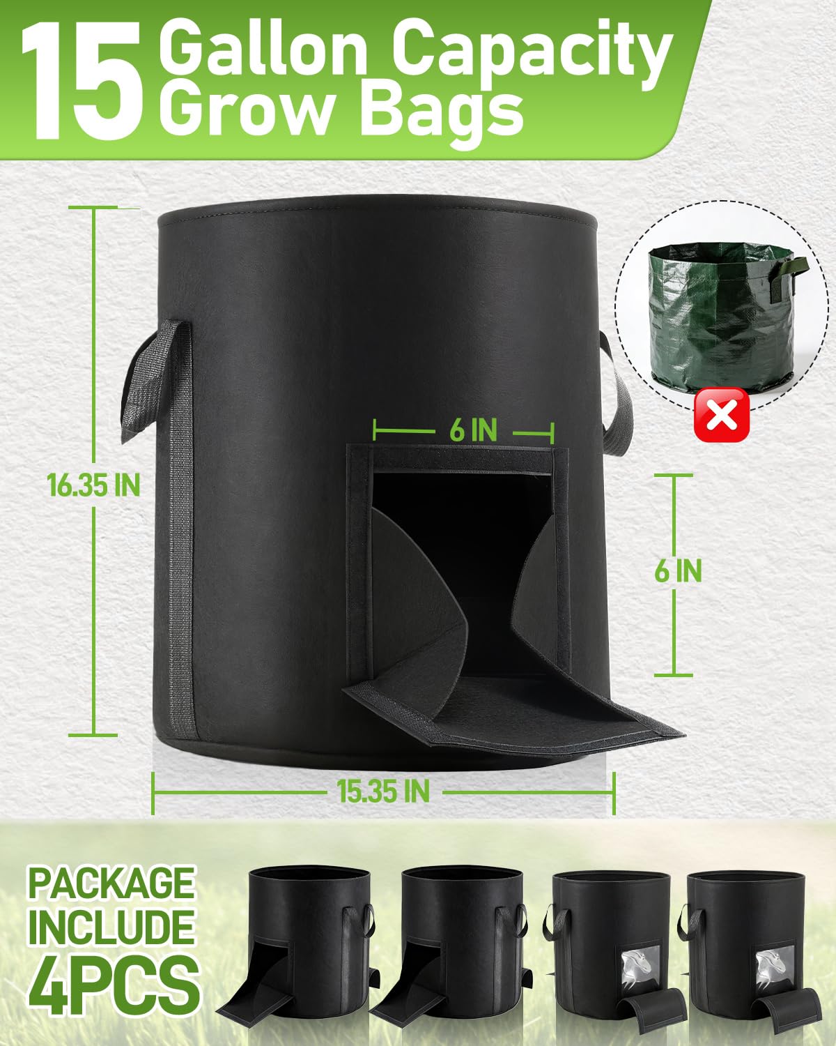 joyhalo 15 Gallon Potato Grow Bags, 4 Pack Planter Pot with Handles, Nonwoven Fabric Pots with Harvest Window & Visible Window, Heavy-Duty Planting Bags for Vegetable & Fruit, 5-Color Plant Labels