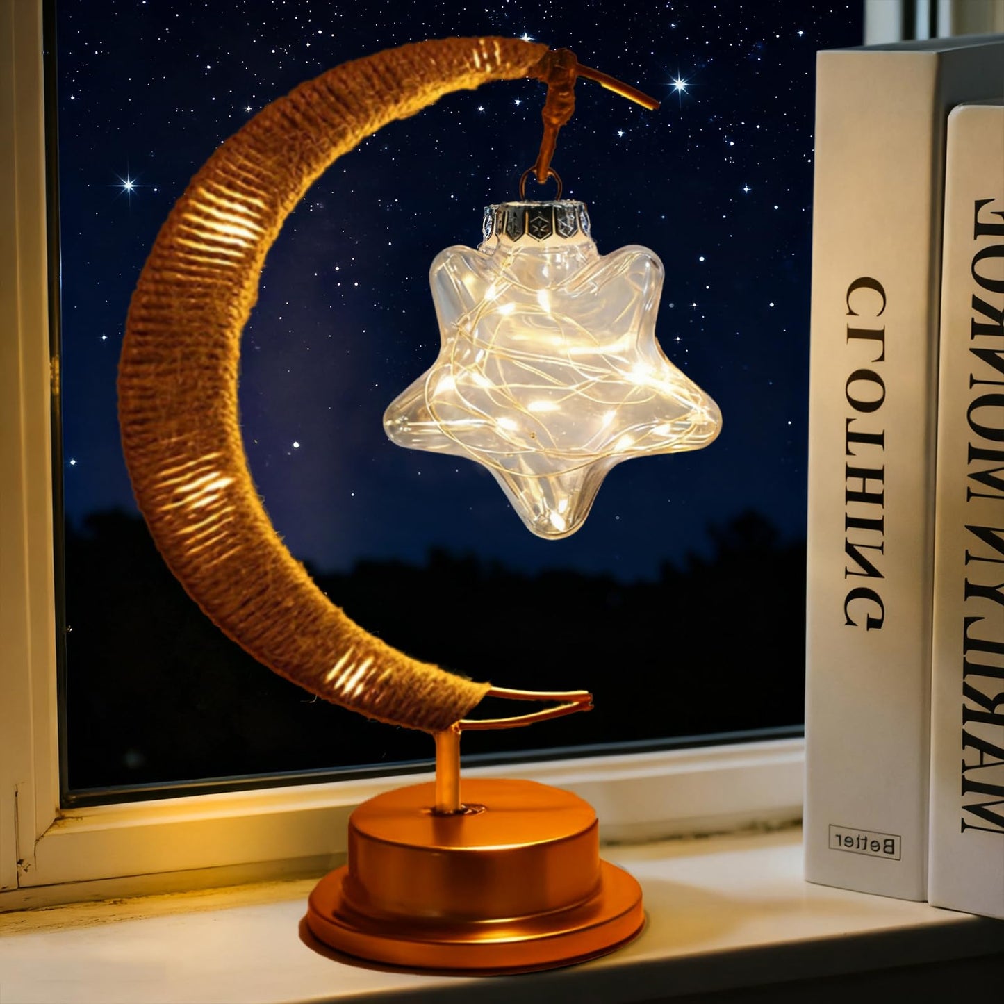 Taoushuleng Crescent Moon Table Light with Hanging Star Ramadan Decorative Atmosphere Lamp Battery Operated Suitable for Home Bedroom Shop Party Decoration (HGmoon-WW-Star)
