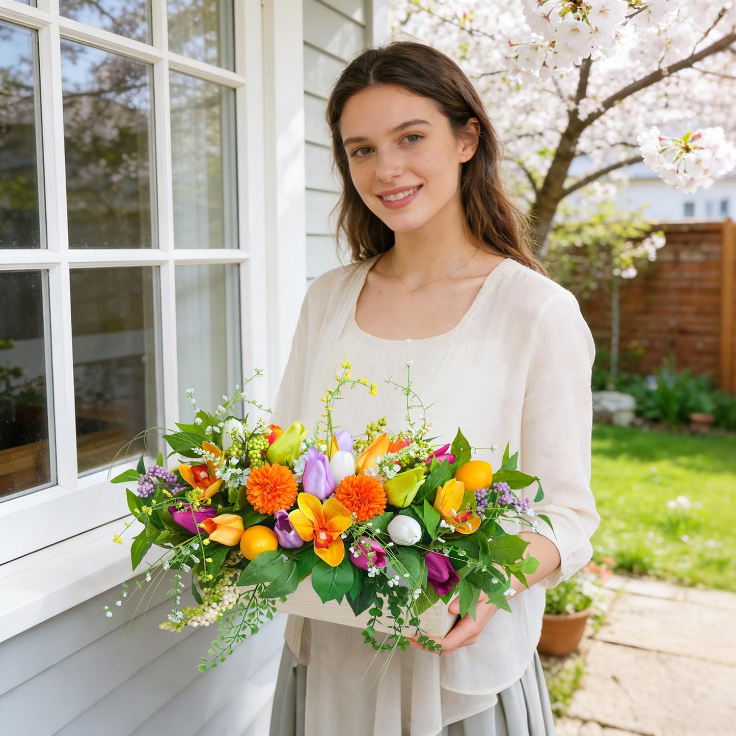 Artificial Tulip & Dahlia Table Centerpiece Lifelike Faux Flowers with Decorative Lemons & Greenery, Spring & Summer Tabletop Decor for Dining Room, Kitchen Island, Coffee Table, Weddings & Home