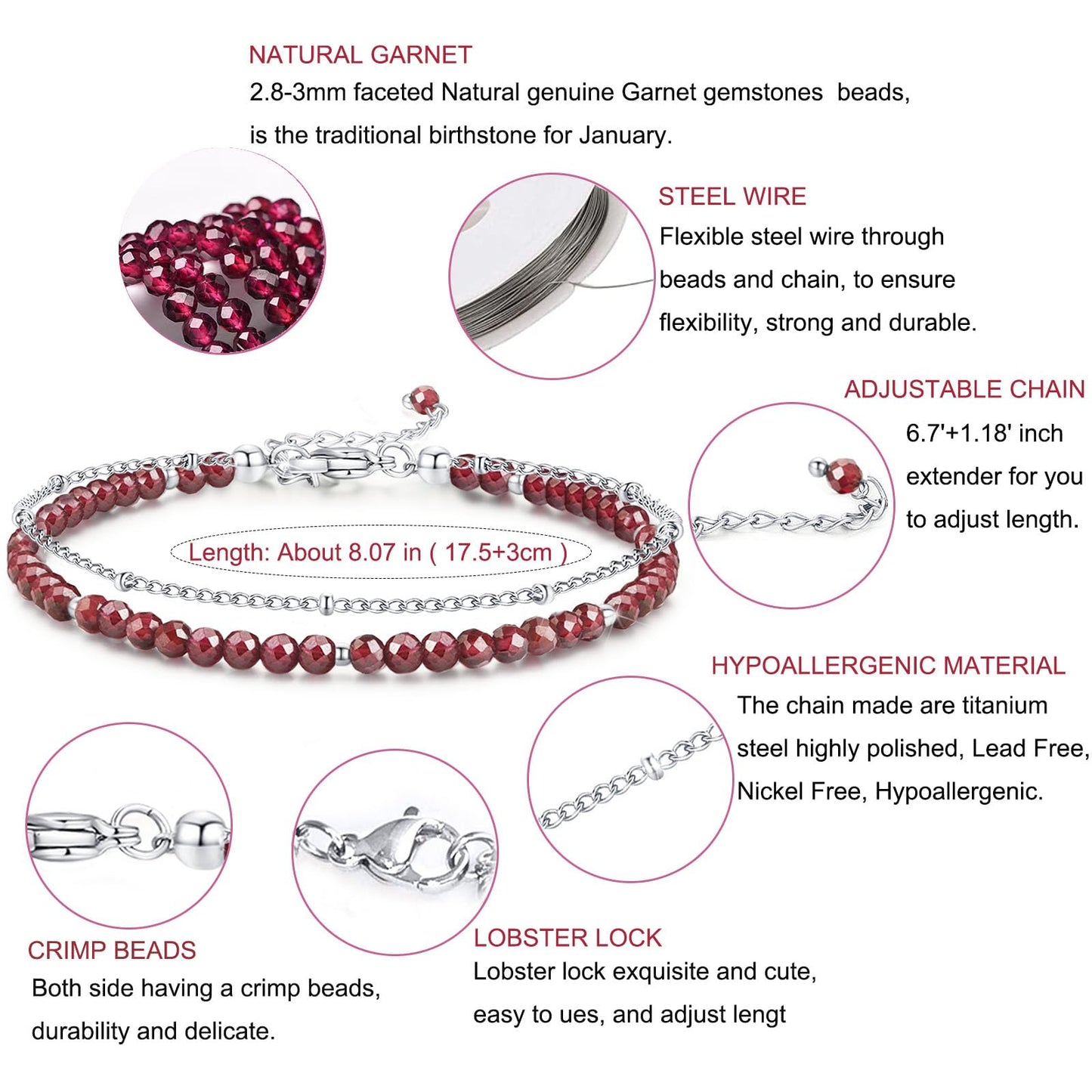 MIROCANE Red Garnet Stand Silver Bracelet, Handmade January Birthstones Stack Bracelets Crystal Gemstones Bead Chain Gifts for Women, 8"